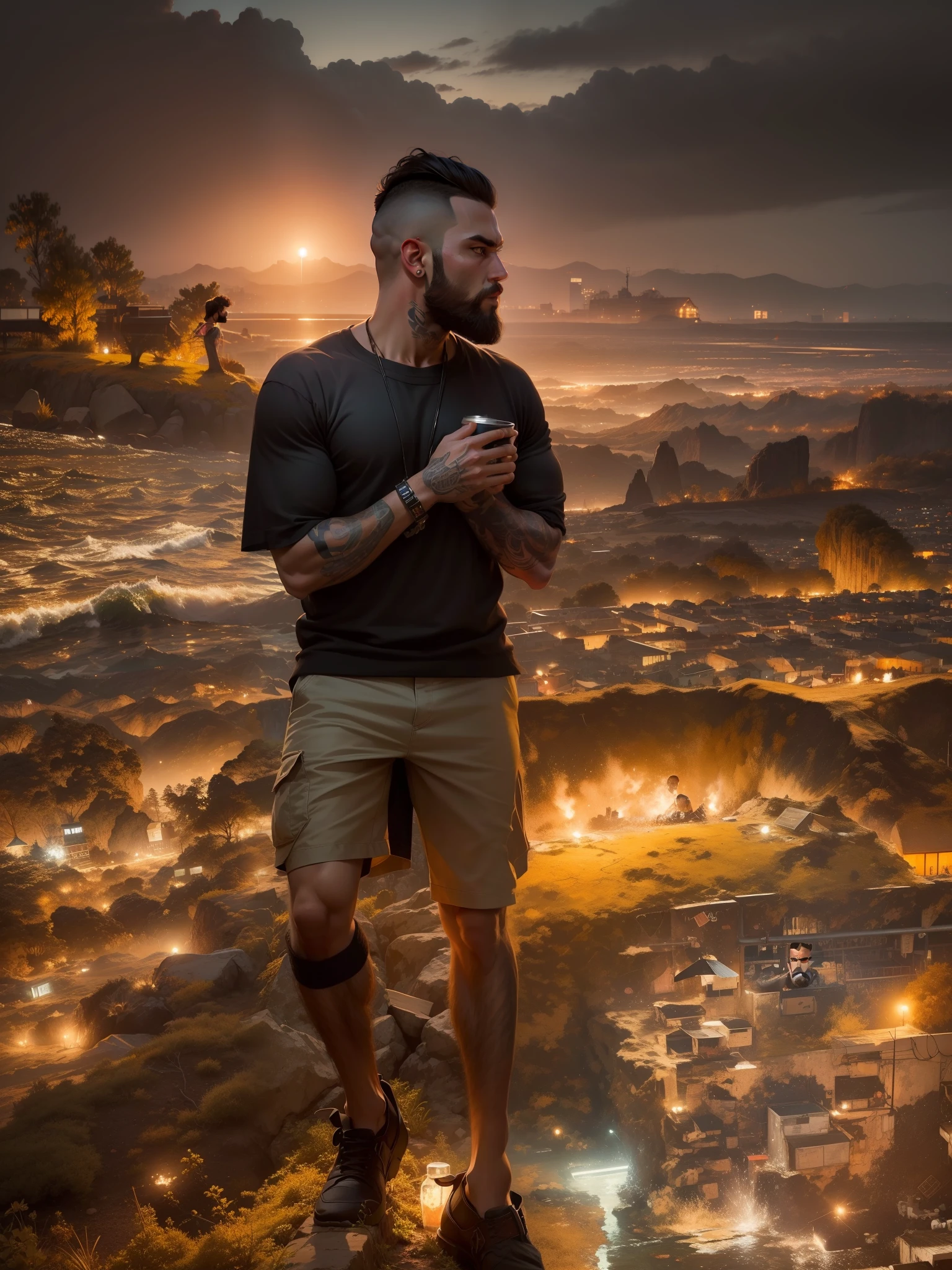 Change back ground to dark bar, man posing dude, beard man in buzz cut hair, muscular, alone man, tattoo on wrist, realistic face, attitude pose,