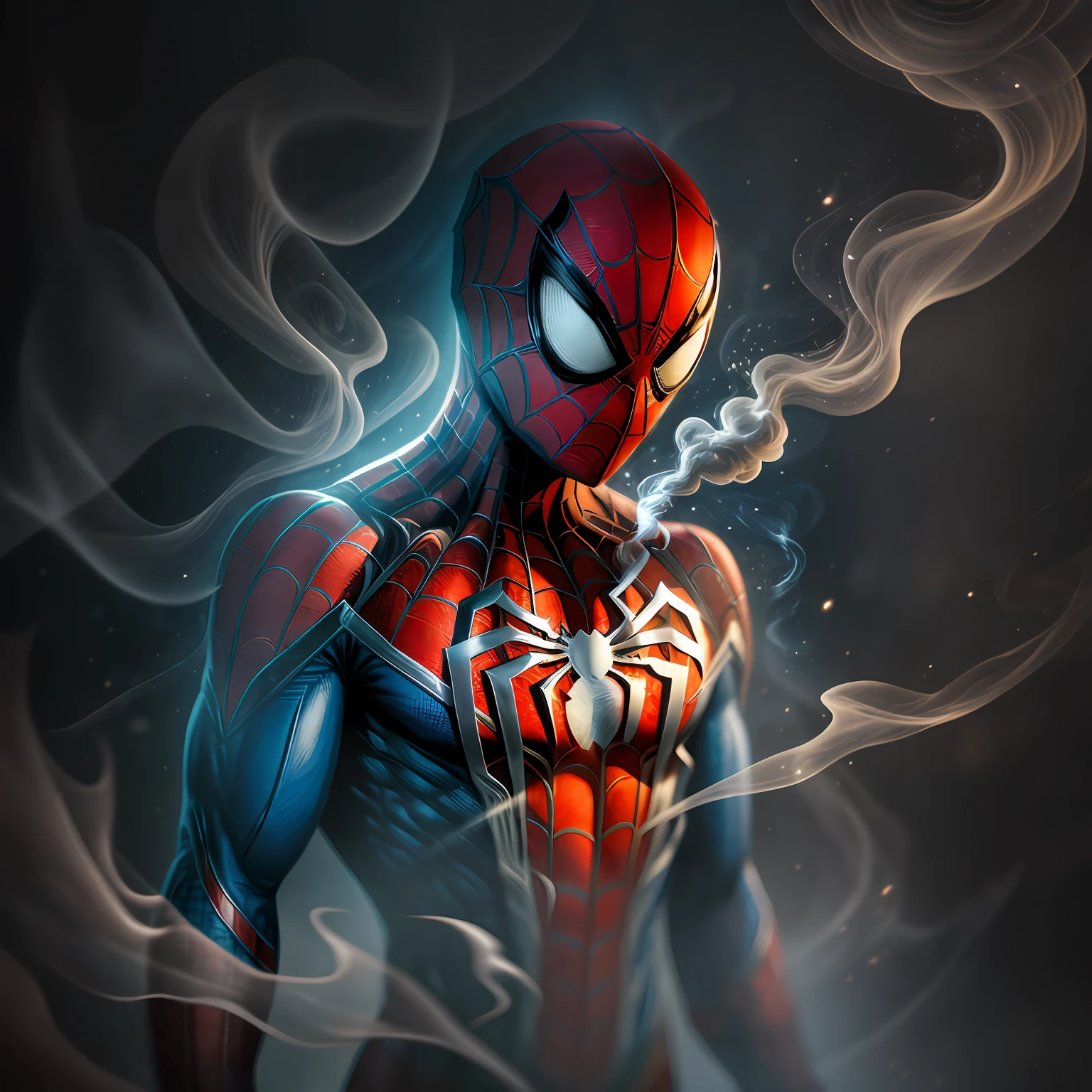 close up, Spider-Man из Marvel Comics, Ghost, Dark, gotik, 3d, Ultra Detailed, blue transparent smoke around, realistic style, Old Night Pond, full - body,