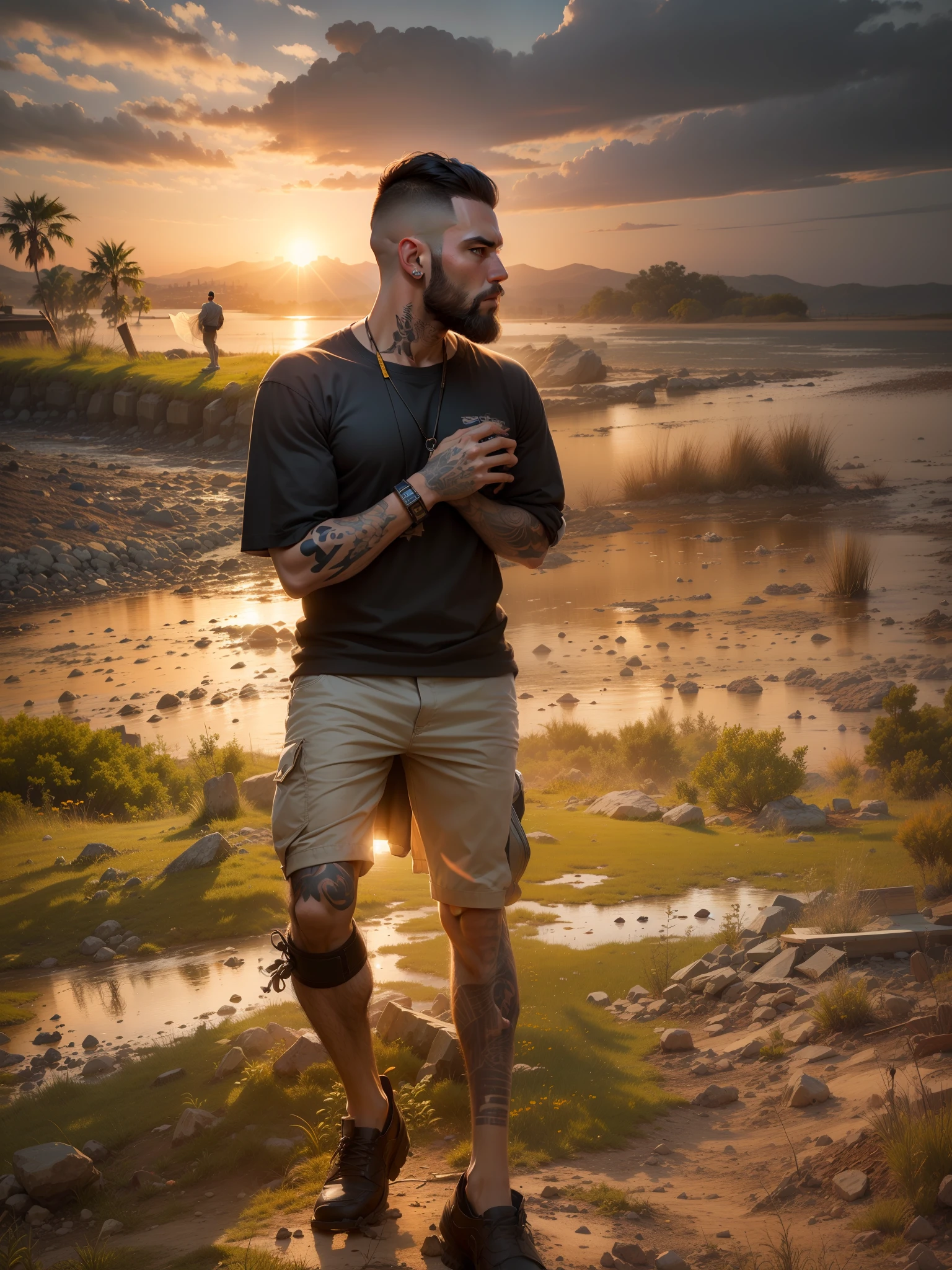 Change back ground to dark bar, man posing dude, beard man in buzz cut hair, muscular, alone man, tattoo on wrist, realistic face, attitude pose,