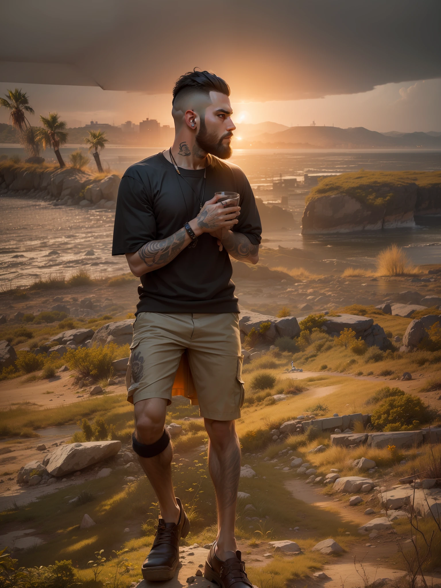Change back ground to dark bar, man posing dude, beard man in buzz cut hair, muscular, alone man, tattoo on wrist, realistic face, attitude pose,