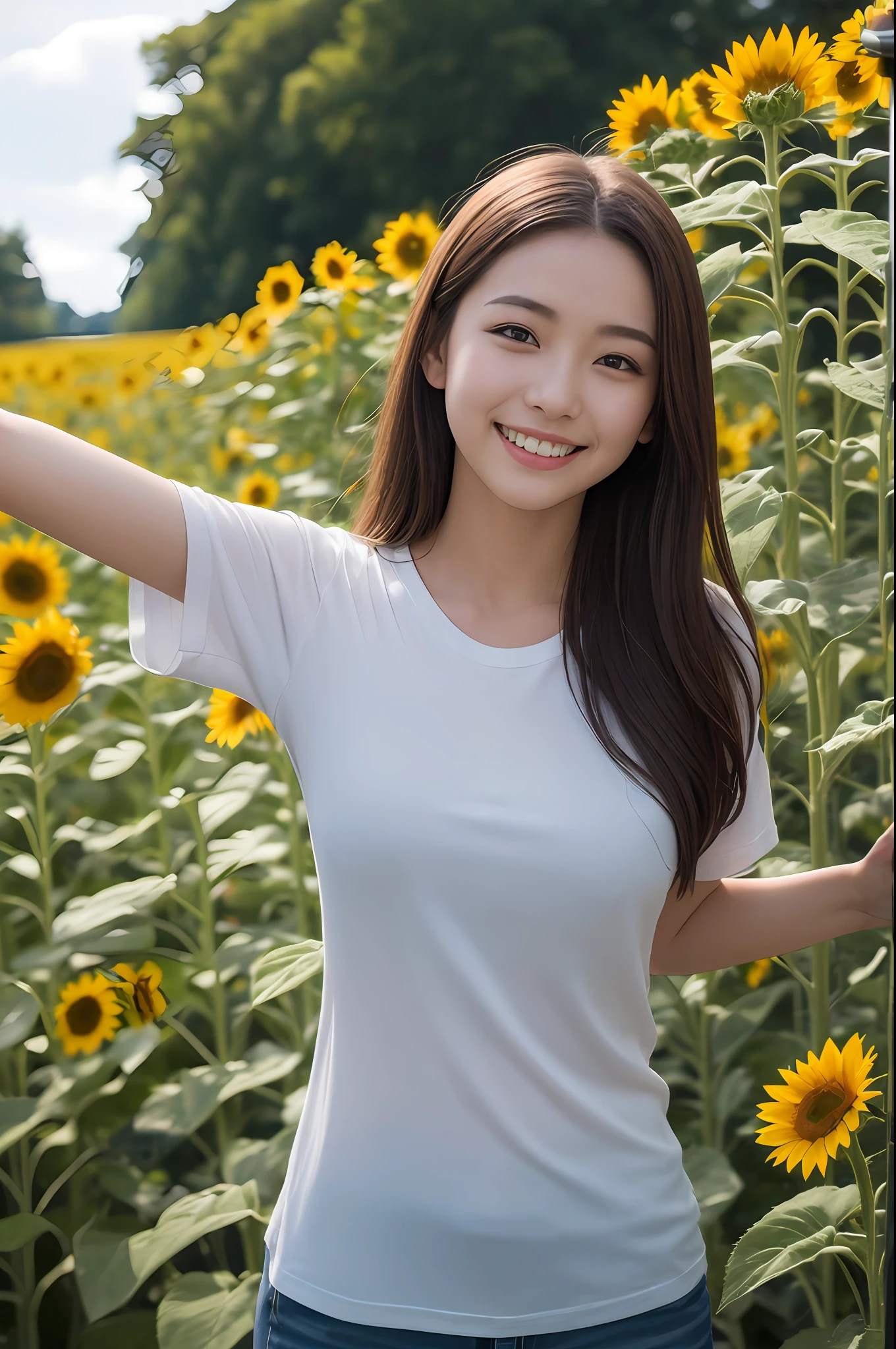 (tmasterpiece、beste-Qualit:1.2)、ultra hyper-detailed、lighting like a movie、((1 beutiful girl))、a smile、body complet、shirts、summer vacation、a country road、Sunflower field、135mm f/1.8、Dynamic Poses、Dynamic angles