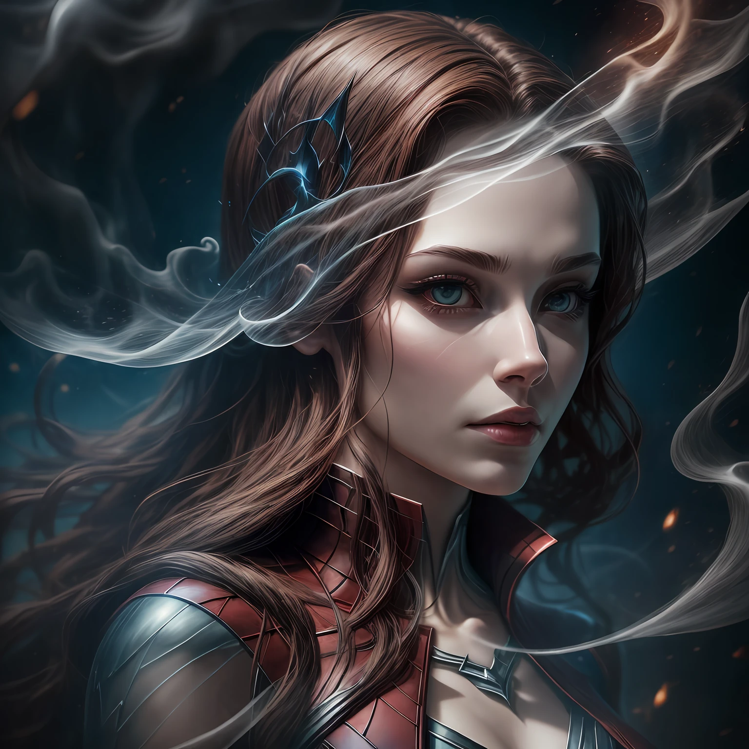 close up, Scarlet Witch из Marvel Comics, Ghost, Dark, gotik, 3d, Ultra Detailed, blue transparent smoke around, realistic style, Old Night Pond, full - body,