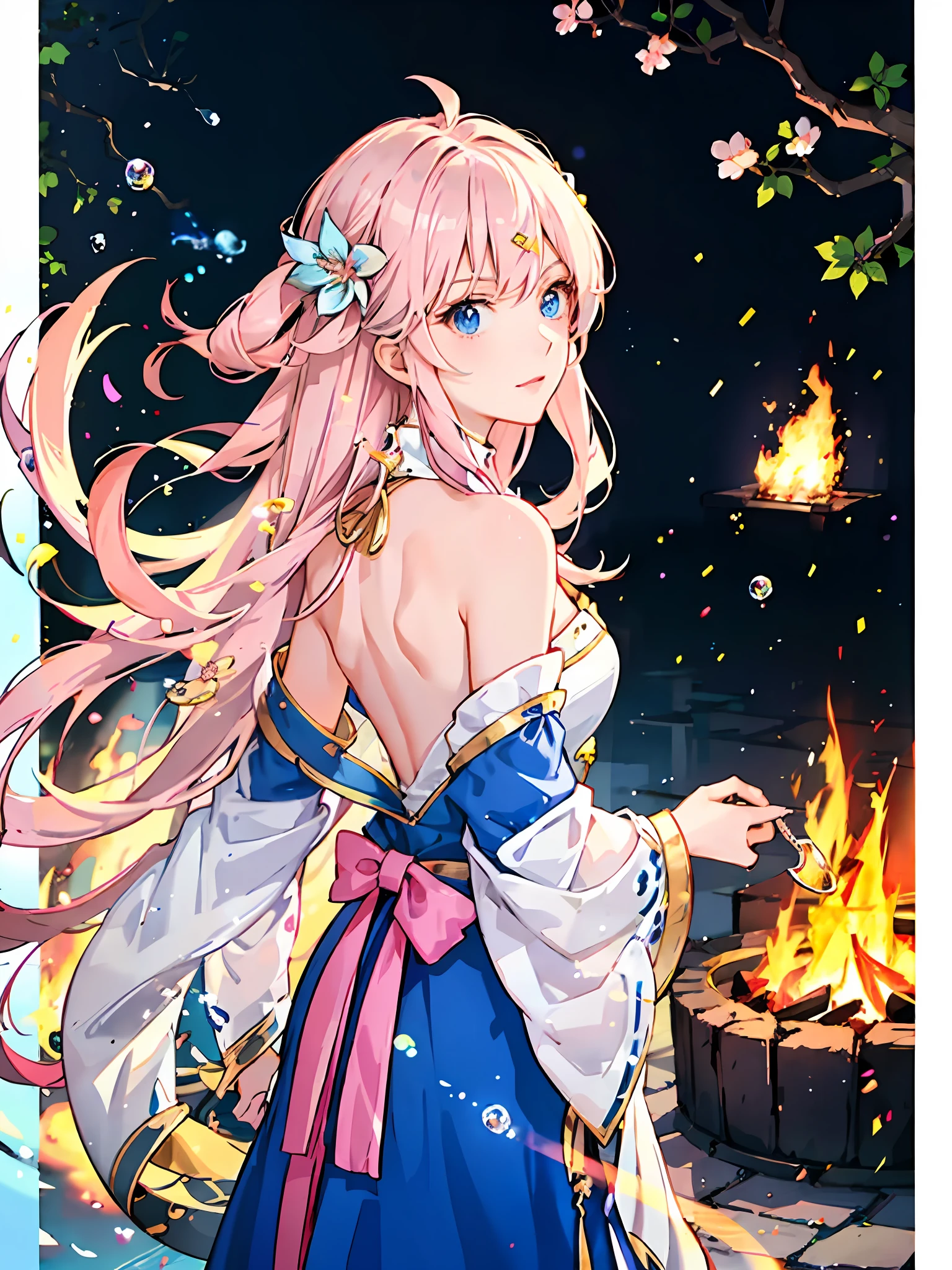 Anime girl with flower hairpins, A beautyful girl,Amazing back, Towards the fire,A ray of light shone on the ground,There are colored bubbles behind the hair,Bubbles glow