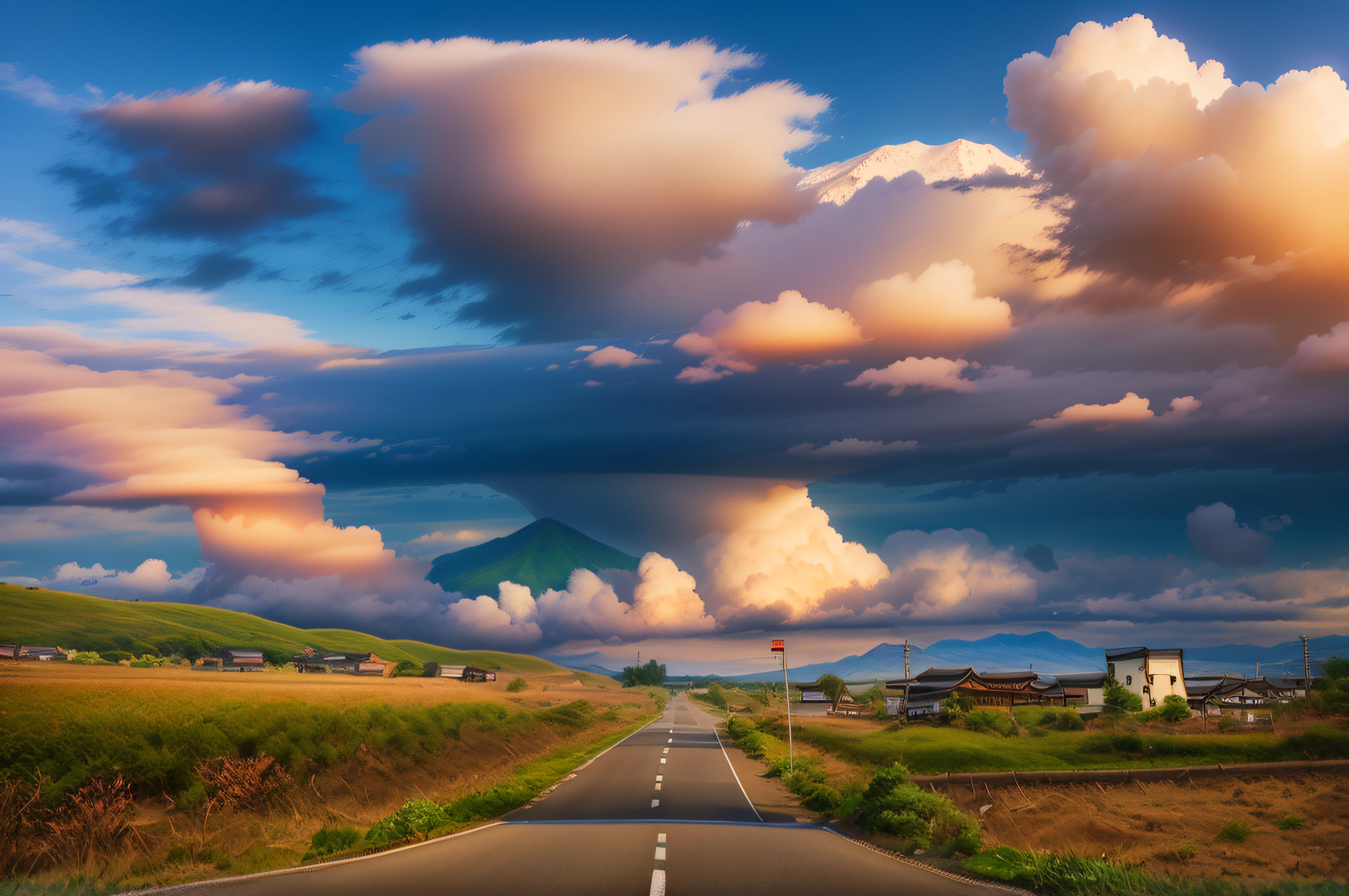 There are roads that are empty and signposted, countryside in japan, japan rural travel, countryside in japan, Wide-angle landscape, A wide landscape, Wide-angle landscape photography, japanese rural town, The empty road in the middle, rural japan, country road, mountain fuji on the background, wide angle photograph, hilly road, Distant landscape shots, In the distance