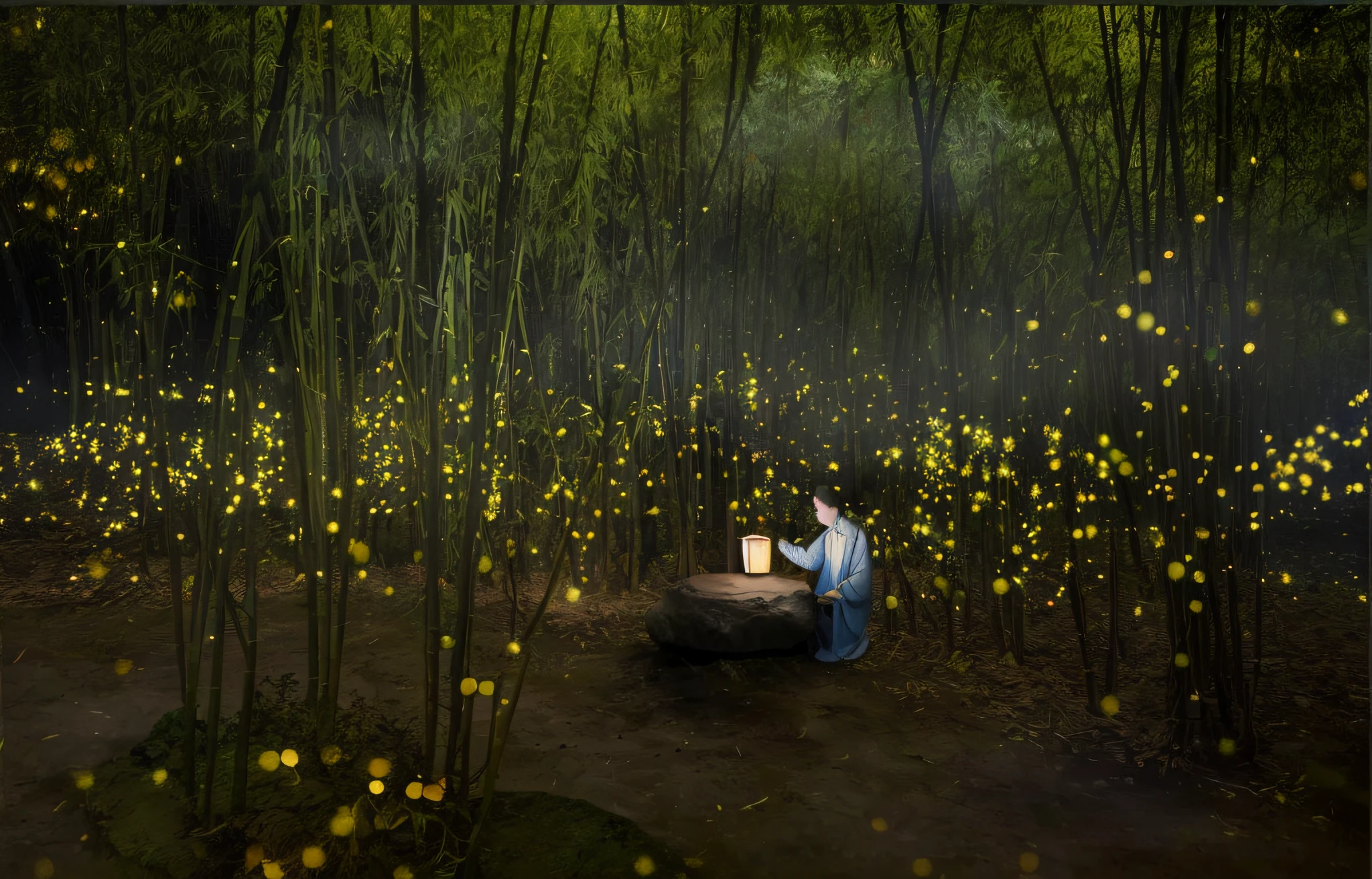 An ancient Chinese man sits on a stone bench in the middle of a bamboo forest, And in front of him was a stone table,There was a lantern on the table。among golden fireflies, among wonderful golden fireflies, Magical bamboo forest with fireflies, cozy night fireflies, glowworm, fireflies around, golden orbs and fireflies, Fireflies fly in the bamboo forest, golden fireflies lights, swarm of fireflies, Muitos Vaga-lumes, fireflies glowing