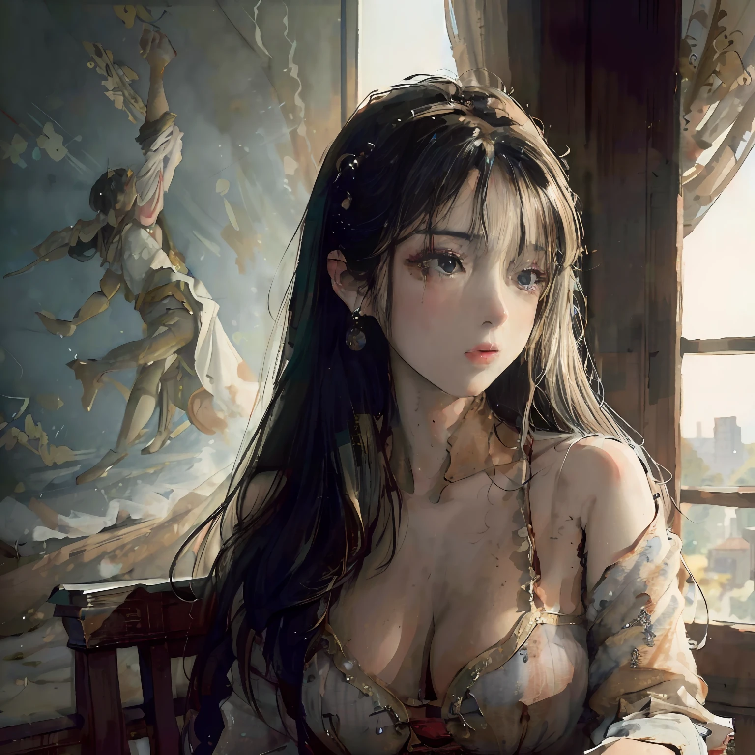 (RAW photo, best quality), (realistic, photo-realistic:1.3),best quality,highly detailed,masterpiece,ultra-detailed,illustration,1girl,upper_body,dynamic angle,world masterpiece theater,messy_long_hair,best quality,extremely detailed CG unity 8k wallpaper,ink,Amazing,cinematic lighting,lens_flare,,dunhuang_style