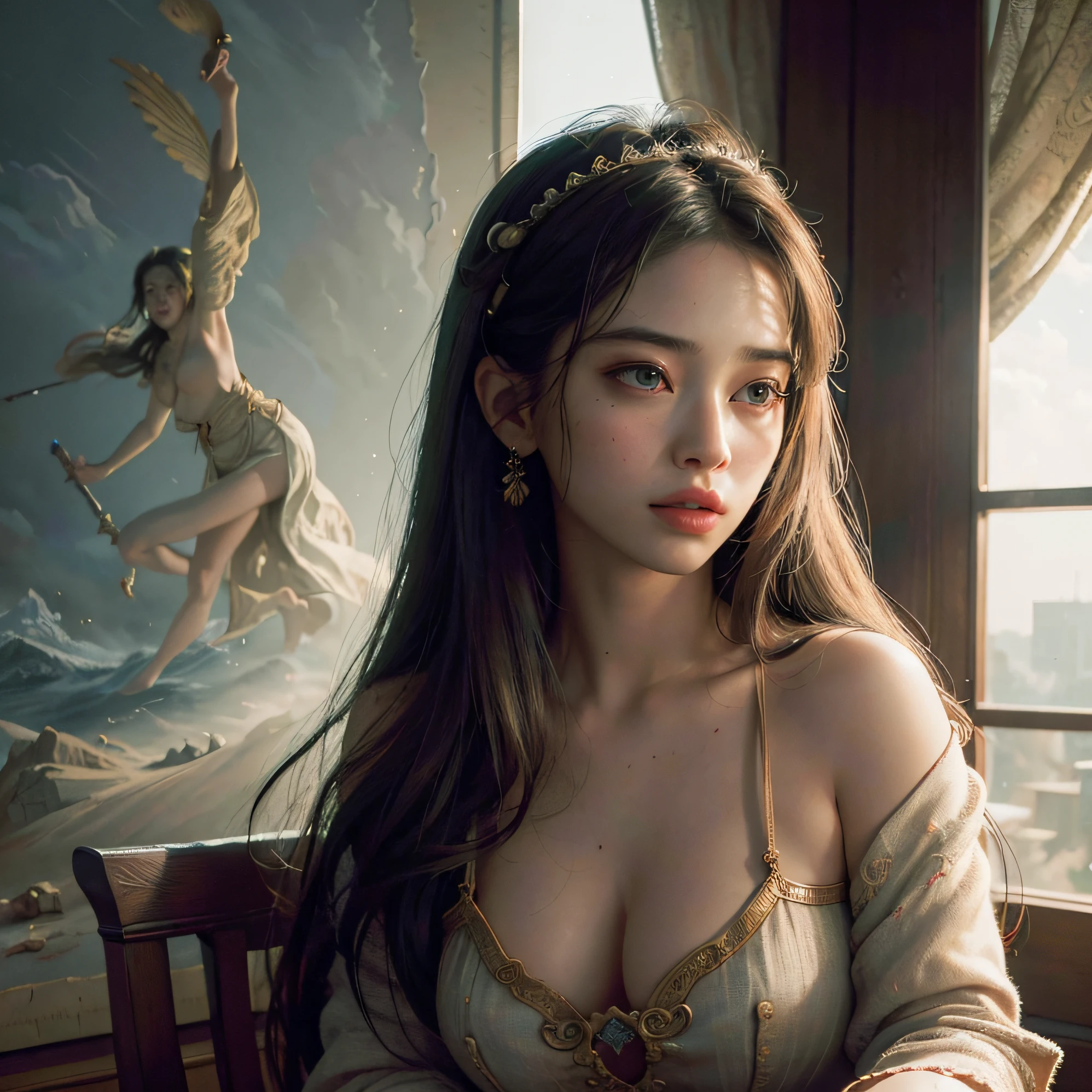 (RAW photo, best quality), (realistic, photo-realistic:1.3),best quality,highly detailed,masterpiece,ultra-detailed,illustration,1girl,upper_body,dynamic angle,world masterpiece theater,messy_long_hair,best quality,extremely detailed CG unity 8k wallpaper,ink,Amazing,cinematic lighting,lens_flare,,dunhuang_style