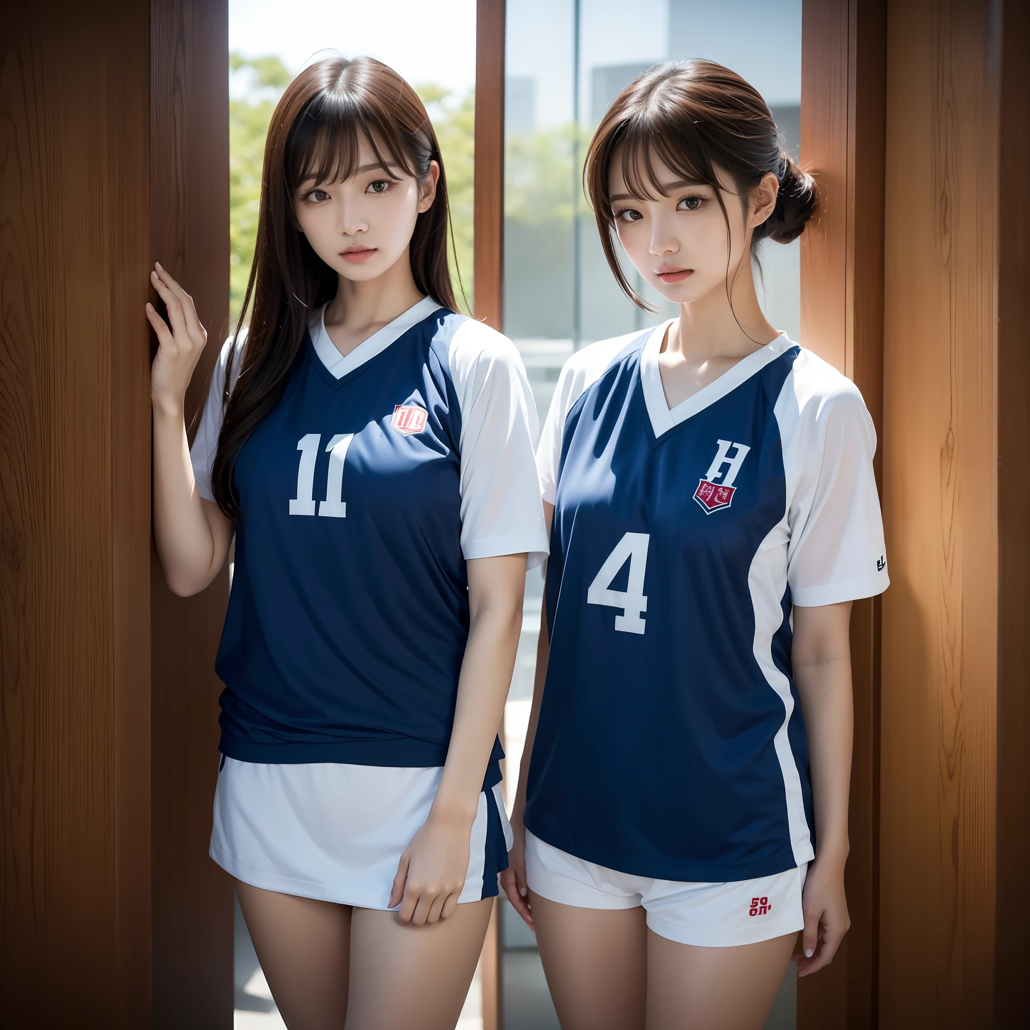 masutepiece, Best Quality, japanaese girl, 8K, Raw photo, top-notch quality, masutepiece, nffsw:1.2, exceptionally detailed RAW color photo, professional-grade photograph, (Realistic, Photorealistic:1.37), (highly detailedskin:1.2), Ultra-high resolution, (lenz 50mm),japanaese girl、a 18 year old girl、Wearing a blue shirt、Wearing a volleyball jersey、There is a woman standing in the bathroom wearing a basketball jersey、taejune kim、Yoon Se-sung、shin min jeong、Jin Young Shin、Choi Hong Hwa、kim hyun joo、jaeyeon nam、Kimi Takemura、ulzzangs、jimin、jiyun chae、eiko ishioka