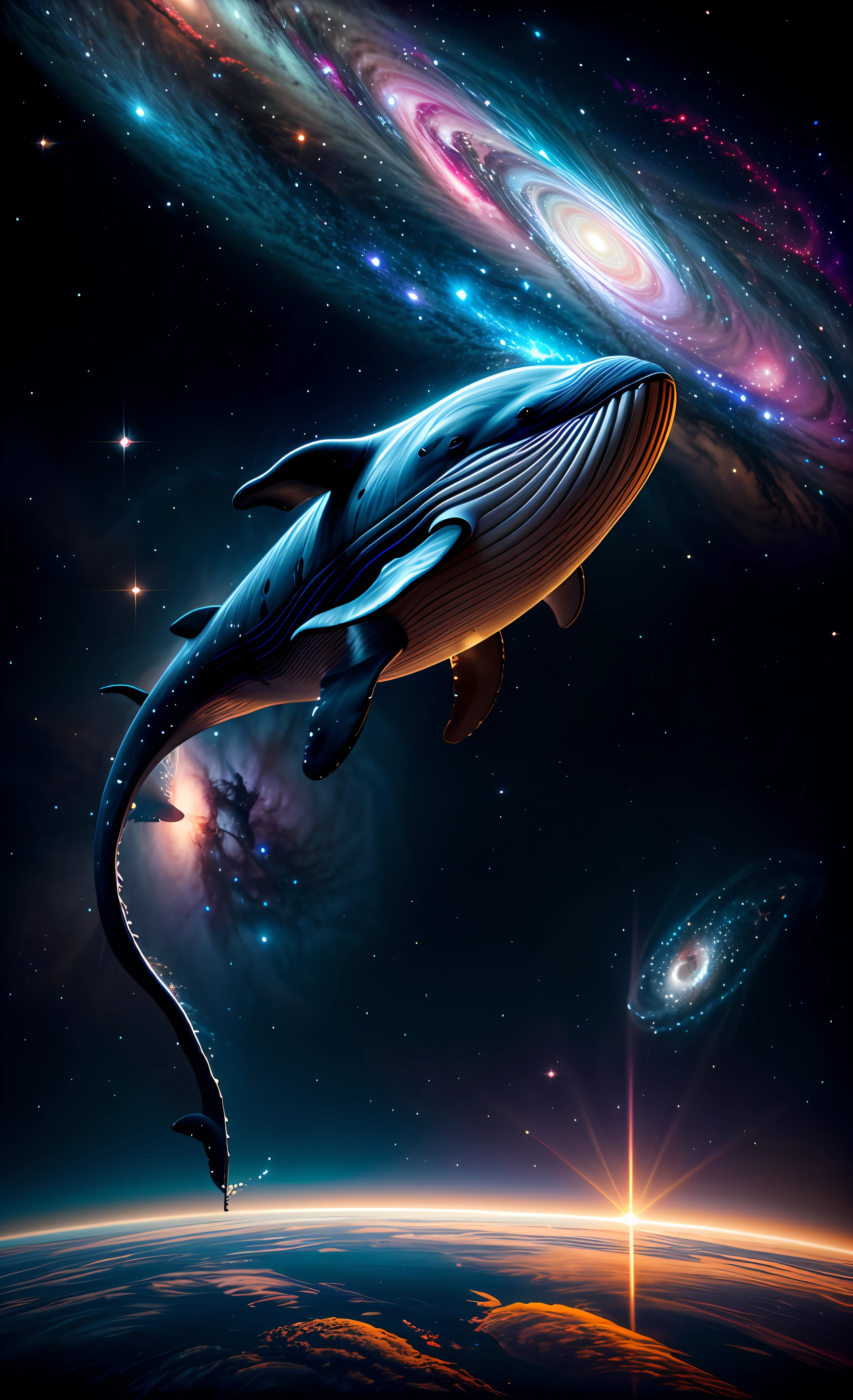 a photograph Galaxies, spirals, space, nebulae, stars, smoke, iridescent, intricate detail, in the shape of a Whale, octane rendering, 8k hyper realistic, realistic texture, unreal natural lighting engine, cinestill 800, (35mm lens)