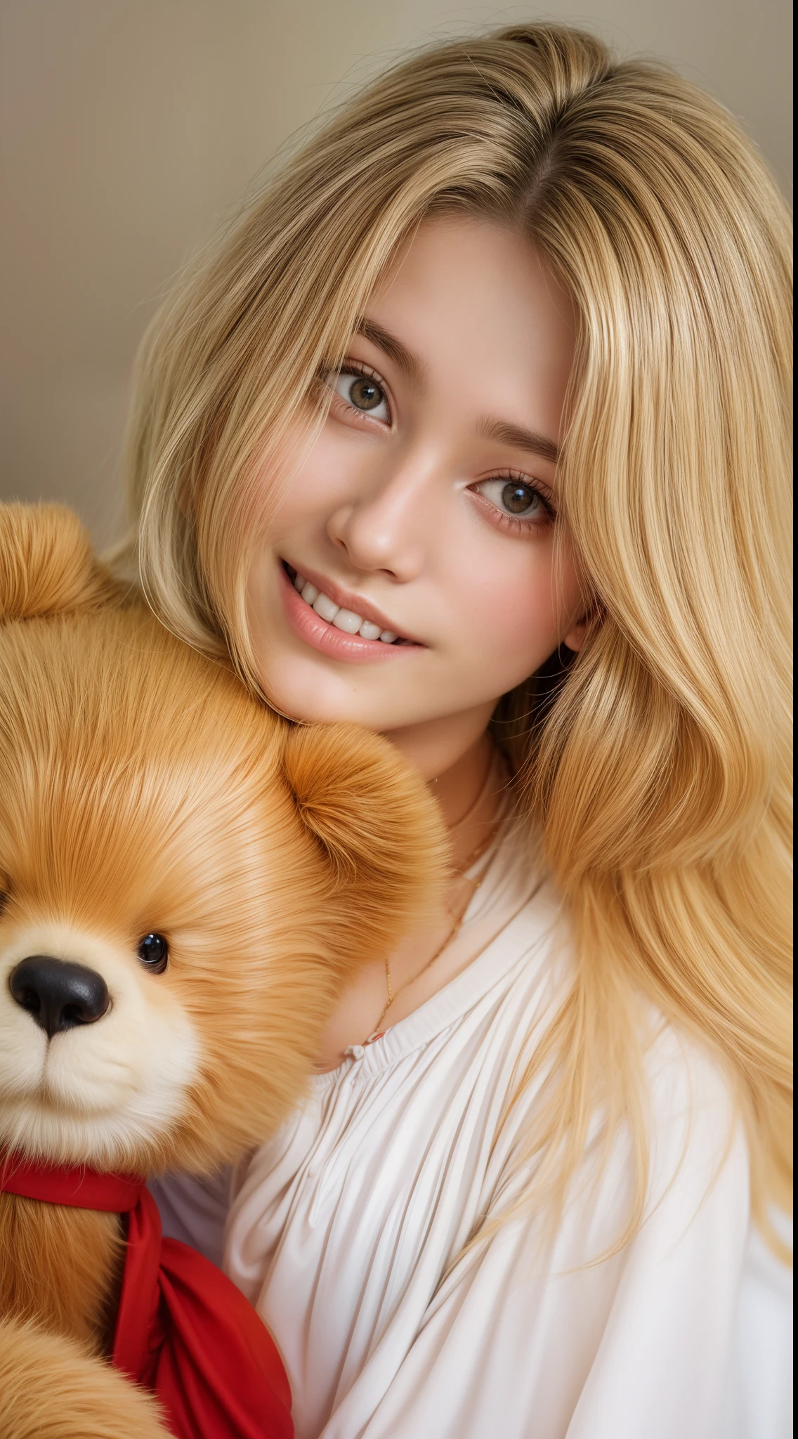 18 years old with straight golden blonde hair and a delicate, very youthful face, holding a teddy bear and a red dress on all fours with a face that is showing her large breasts, smiling