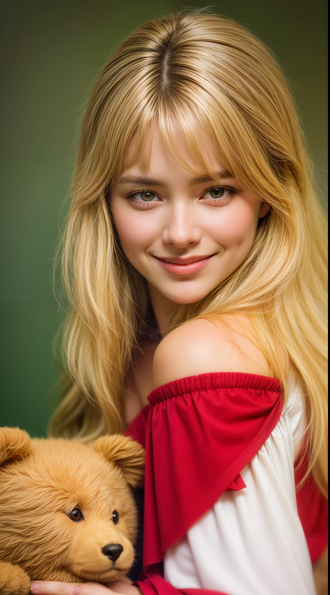 18 years old with straight golden blonde hair and a delicate, very youthful face, holding a teddy bear and a red dress on all fours with a face that is showing her large breasts, smiling
