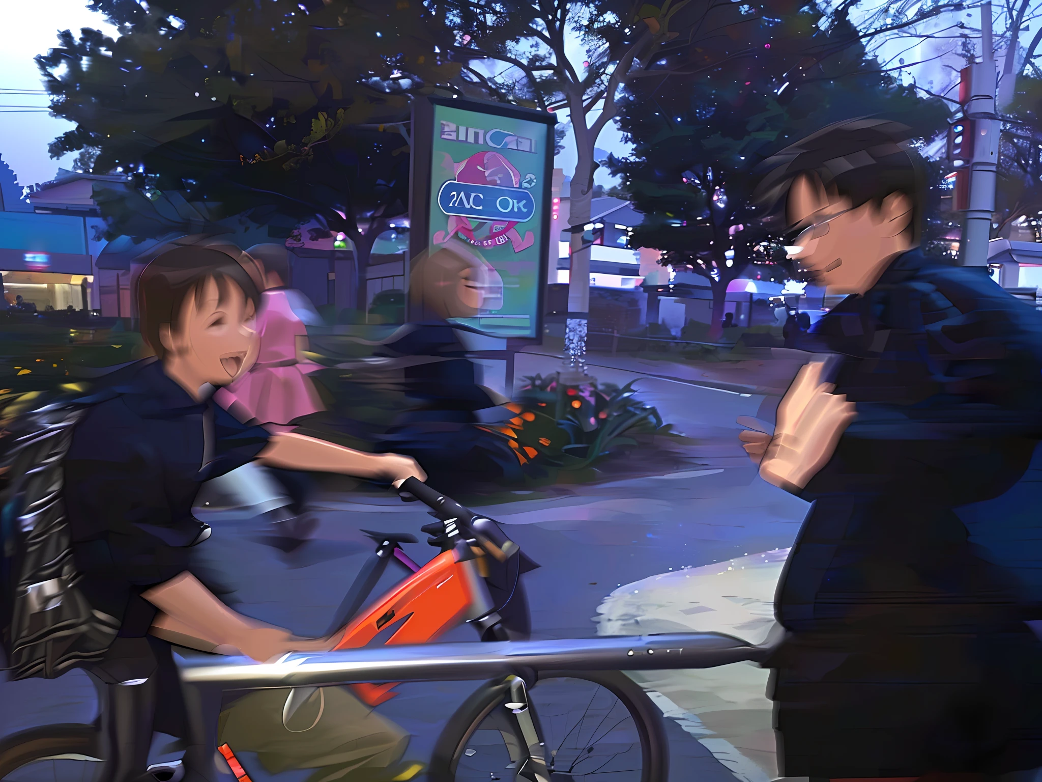 they are two people standing next to a bike on the street, blurry photo, not blurry, candid shot, at dusk!, intoxicatingly blurry, slightly blurry, prize winning, shot on nicon camera, blurred photo, blurry image, rubbing hands!!!, very blurry, photo [ far ], riding a bike, blurry, iphone capture, early evening