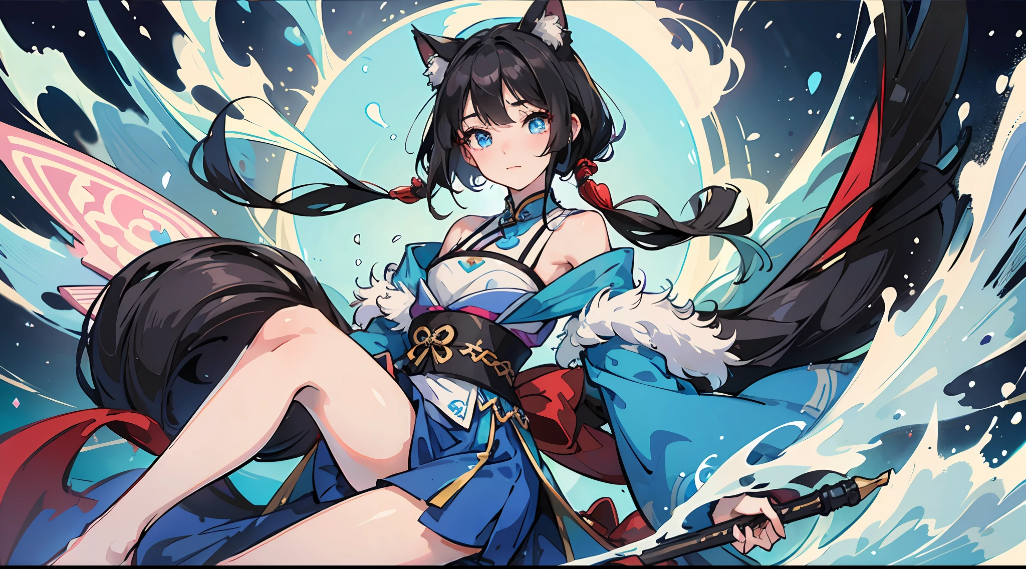 best qualtiy,tmasterpiece,quadratic element,1girl,black hair, blue eyes ,shy,on cheongsam,It has Jiangnan water town elements,Fair complexion,Smaller chest,The upper part of the body,cat ear,teardrop,Blushlush,tiny mouth,Bangs flutter in the wind,Purified skin ,ssmile --auto