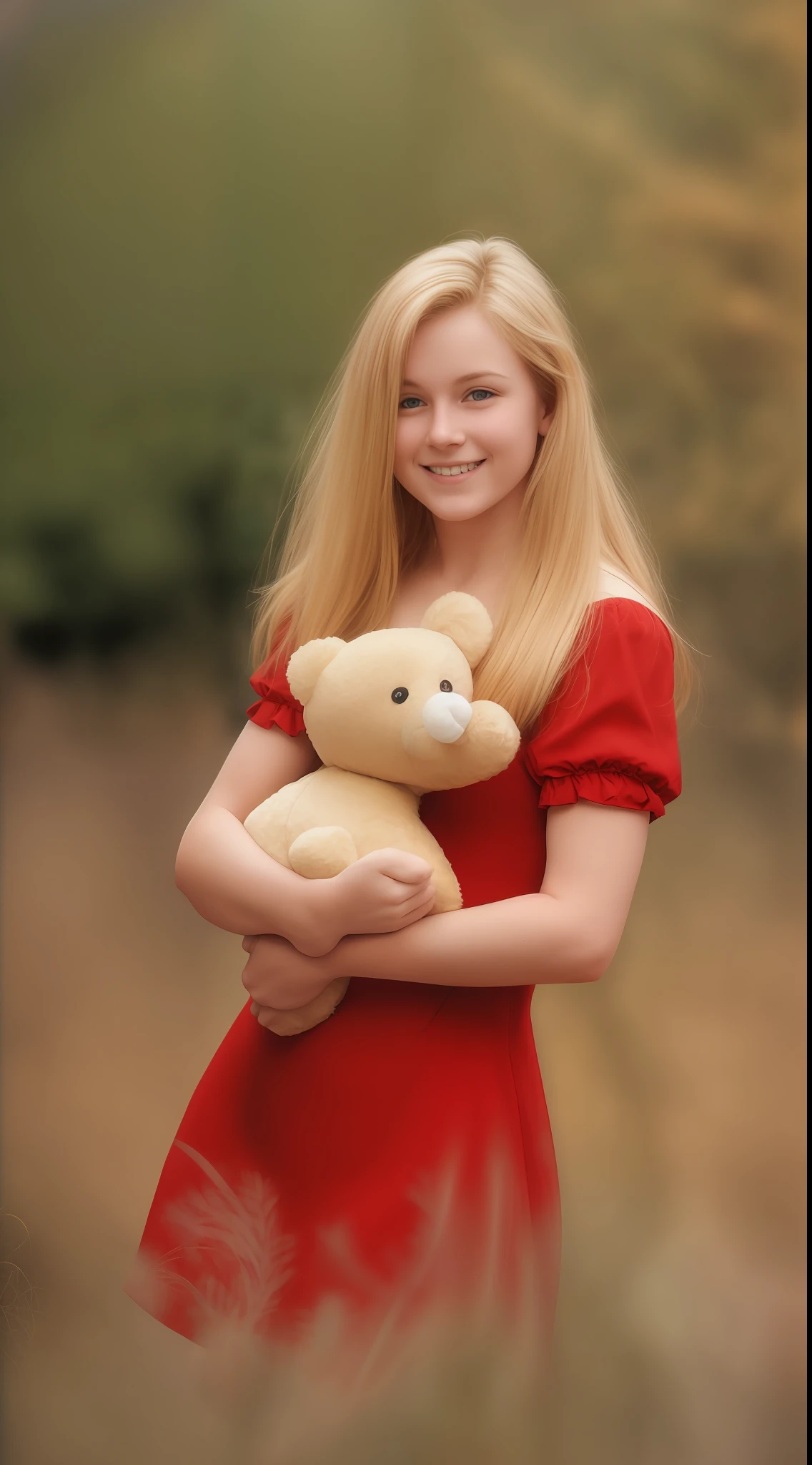 18 years old with straight golden blonde hair and a delicate, very youthful face, holding a teddy bear and a red dress on all fours with a face that is showing her large breasts, smiling
