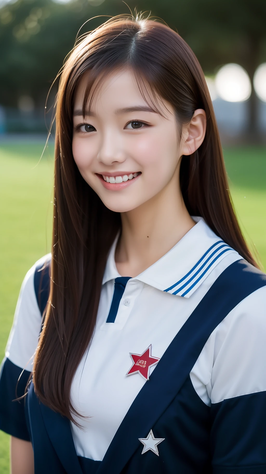 realistic photos of (1 cute Korean star) hair behind ears, thin makeup, 32 inch breasts size, slightly smile, wearing PE uniform, at the school, sideways, f/1.8, 35mm, Canon, sparkle, 16k