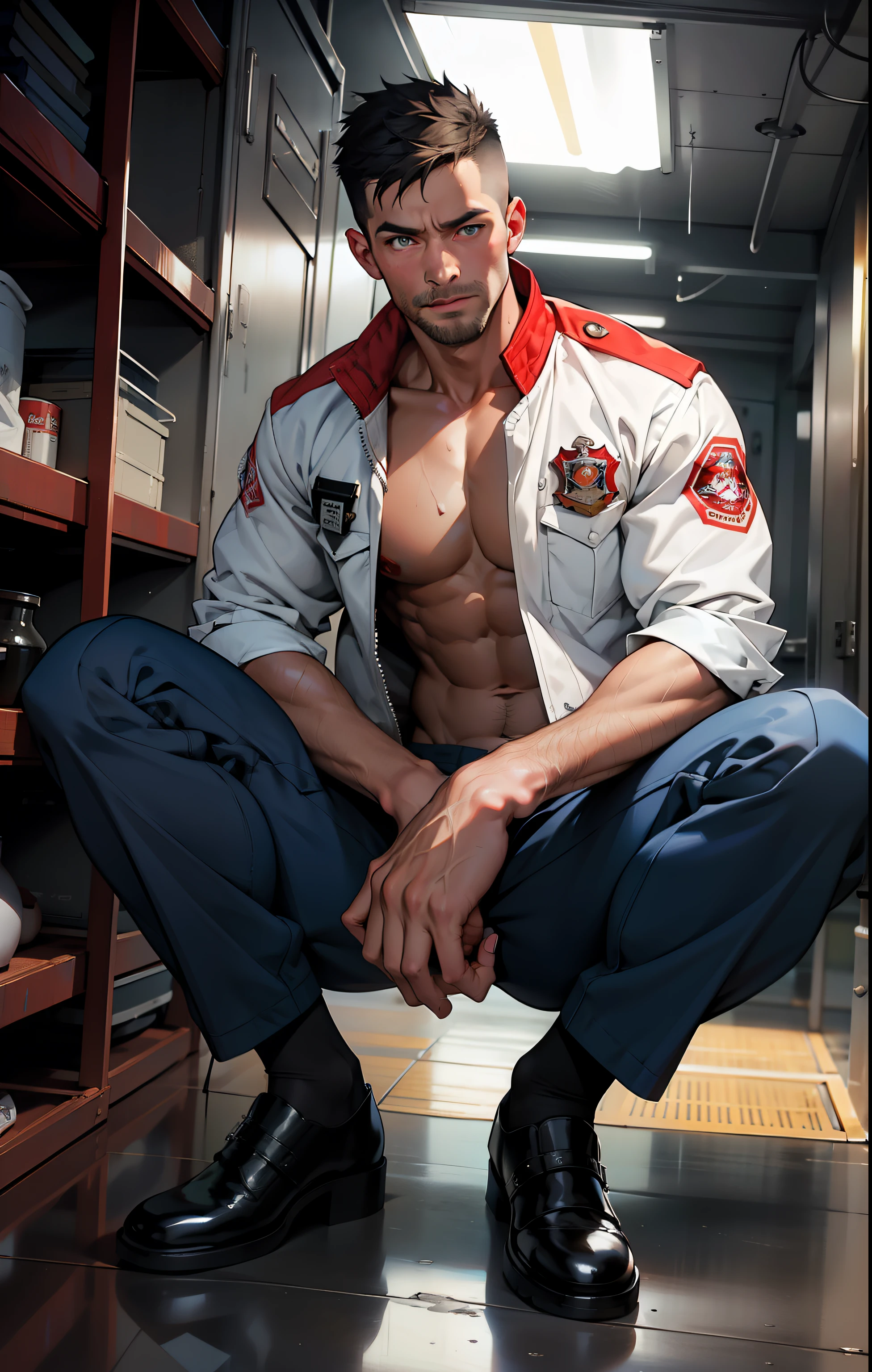 masterpiece, best quality, face, natural eyes, 1man, european, big feet, black socks, (no shoes), full body, (in suits), large bulge, long legs, looking at viewer, 30 years old, muscled and mature, short haircut, sitting on the desk with legs streched, in a fire station office, firefighter suit hanging on the walls, fire station, wearing firefighter uniform with zipper open reveling a strong chest and abdominal musclesblue eyes, flush, organism, face covered with white fluids, sweating, tight cloth, erecting, white jacket, strictly, holding black whip in hand, wearing only a jacket, remote camera angle