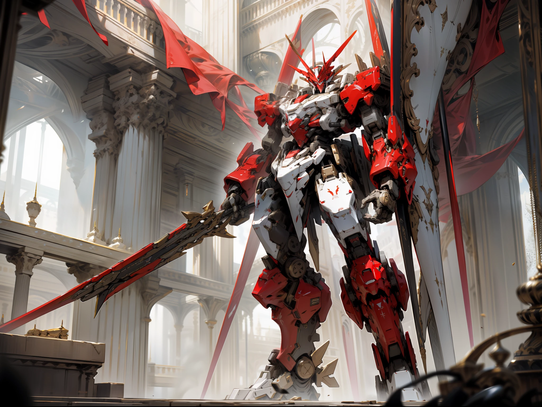 Picture an impressive mecha, predominantly black accents, standing tall and holding a huge spear on the palace. This mecha features a futuristic design with intricate details and a formidable expression. The red accents on certain parts add a luxurious gleam and highlight its design lines. In the background an epic and mesmerizing atmosphere.