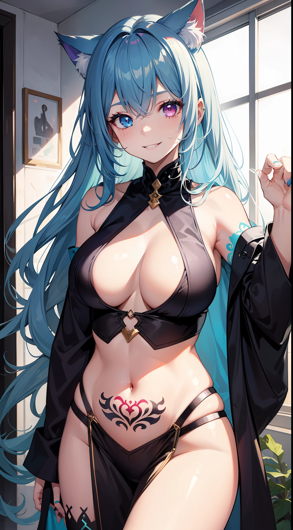 young gurl, long white hair, cat ears, heterochromia, left eye blue, right eye purple, cyan robe, sleeveless, tattoo, open belly, sideboob, smile, Masterpiece, hiquality