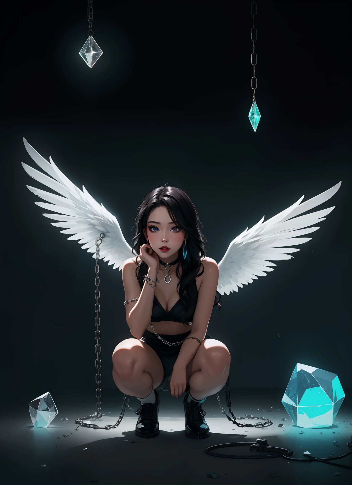 Model: long wavy black hair, full dark lips, Smoky eyes, BREAK, Setting: Room with black light, Broken glass, Crystals reflect light, neon lights, BREAK, bodypaint: Polychromatic geometric patterns, Torso cover, Arms and legs, BREAK, Accessories: Chrome-plated broken chains for the body, Silver Choker, black feathered white black wings, BREAK, the pose: crouching, The head is tilted upwards, looking forward.