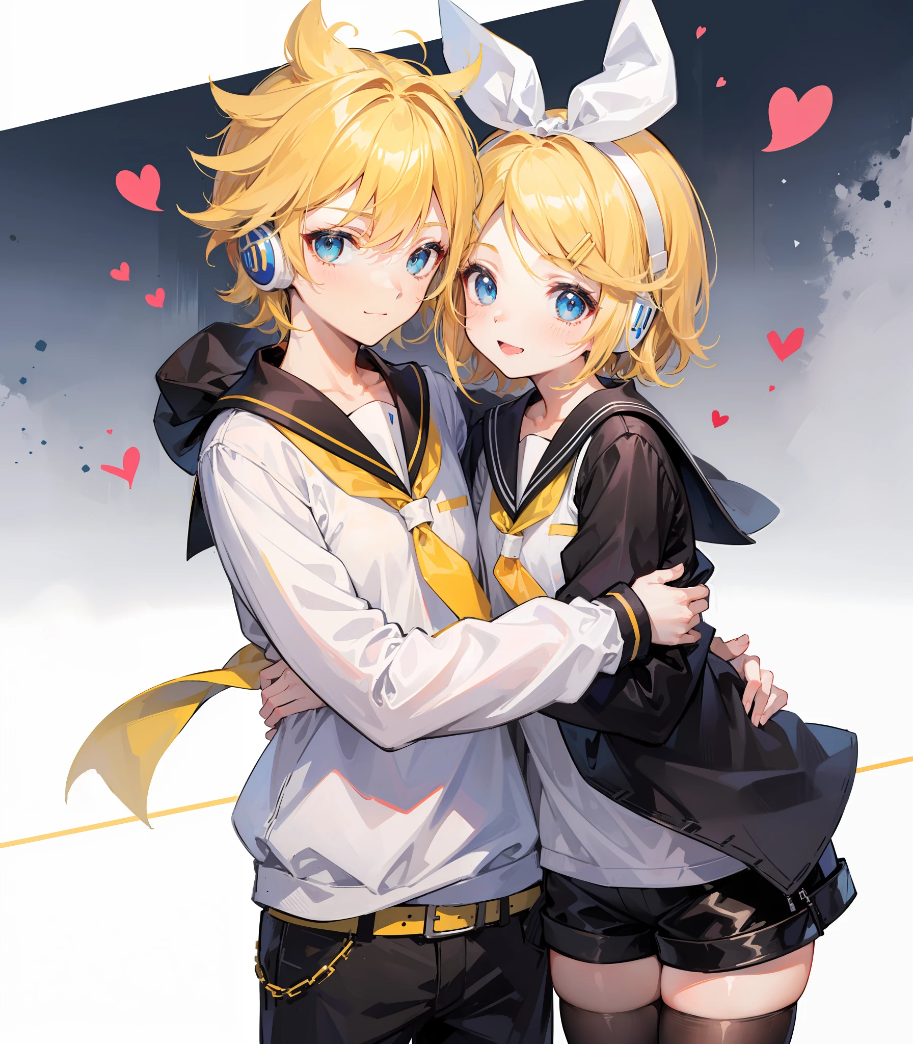 best quality, ultra precision, (only two person), (one boy and one girl), (a boy is Kagamine_Len), (a girl is Kagamine_Rin), blue eyes, cute, short hair, head phone, blond hair, sailor uniform, white shirt, black short pants, belt, yellow necktie, smile, love each other, sibling, children, (boy is as tall as girl), kids, characters focus, couple, love each other, white background, look at each other, (platonic love), cool boy, cute girl, (hug), cowboy shot, blush, about to kiss, boy is cowlick, (little boy), in close contact, picture of two people, smile at each other, happy, beautiful eyes, shota and loli