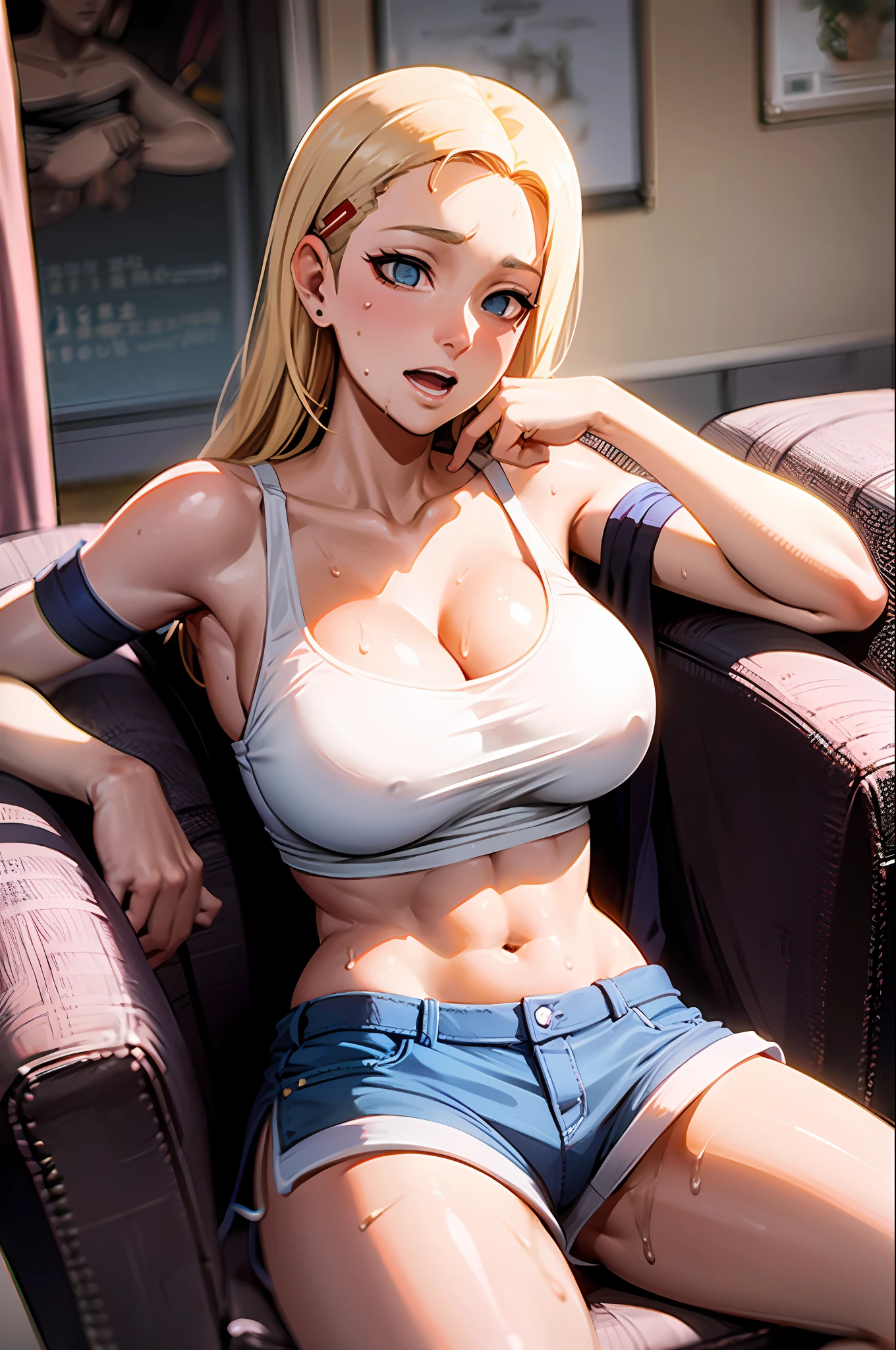 yamanaka ino, hair light, Beautiful eyes, 独奏, décolleté, white  shirt, Short shorts, stocklings, Hotel, sits in a chair, wide thighs, spread her legs, Average Breasts, tmasterpiece, Erotica, groin, Sport, the sweat, lust, Excited, sperm, sperm on face