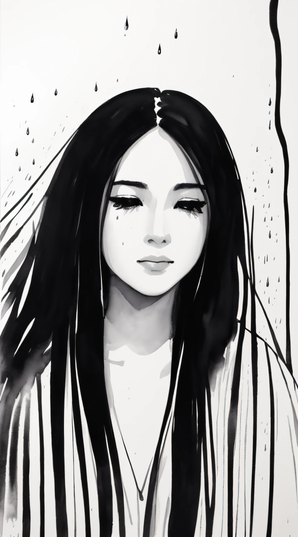 Abstract (black and white) watercolor painting of a girl crying in the rain, and allowing water to drip, masterpiece, in the style of Andy Warhol