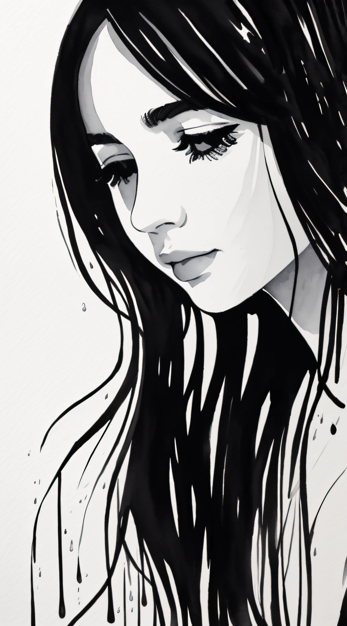 Abstract (black and white) watercolor painting of a girl crying in the rain, and allowing water to drip, masterpiece, in the style of Andy Warhol