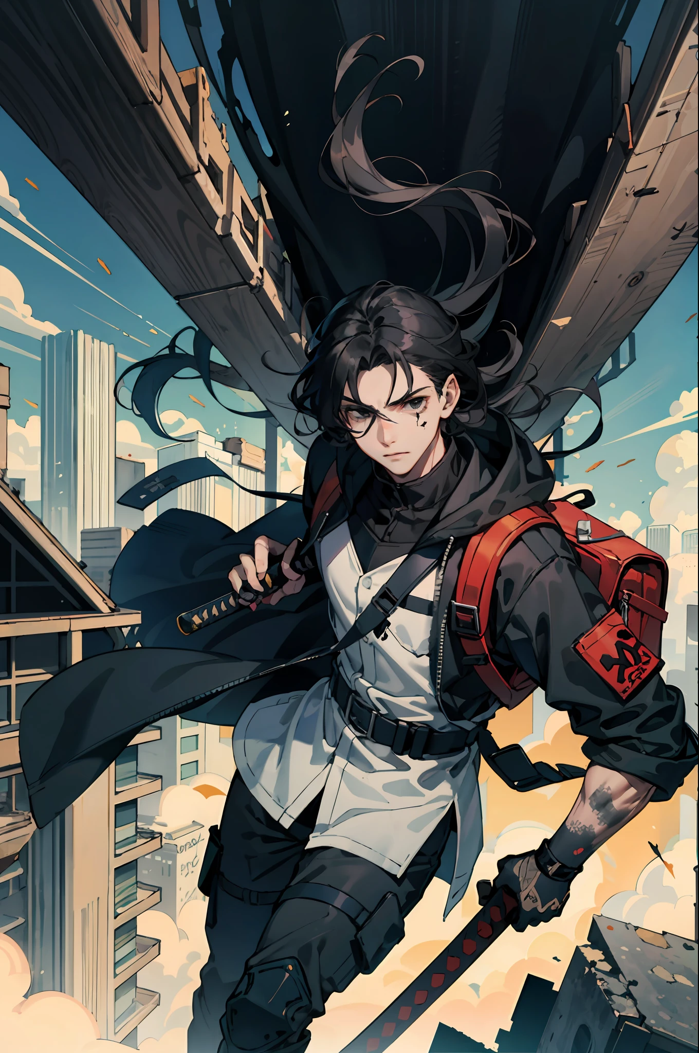 masterpiece, top quality, best quality, official art, beautiful and aesthetic:1.2), teen man, young man, man of 16, extreme detailed,(fractal art:1.3),colorful,highest detailed, black hair, long hair, wavy hair, black eyes, big city, destroyed city, zombies around, katana in hand, backpack, wind, protective clothing, apocalypse, zombie apocalypse