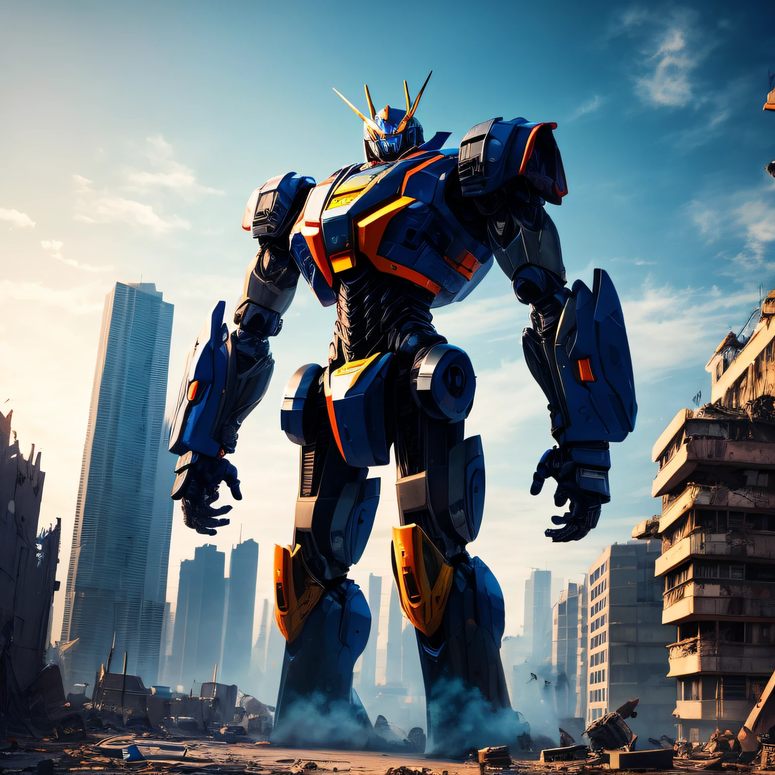 Super-robotics, taller than high-rise buildings, Transformers style, Beautiful color scheme, Standing on the ruined city --auto