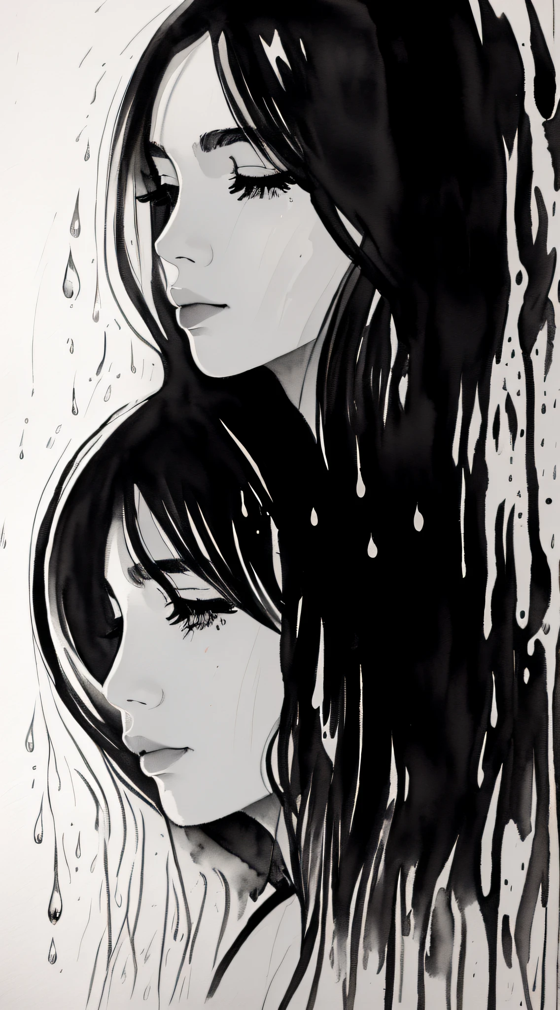 Abstract (black and white) watercolor painting of a girl crying in the rain, and allowing water to drip, masterpiece, in the style of Andy Warhol