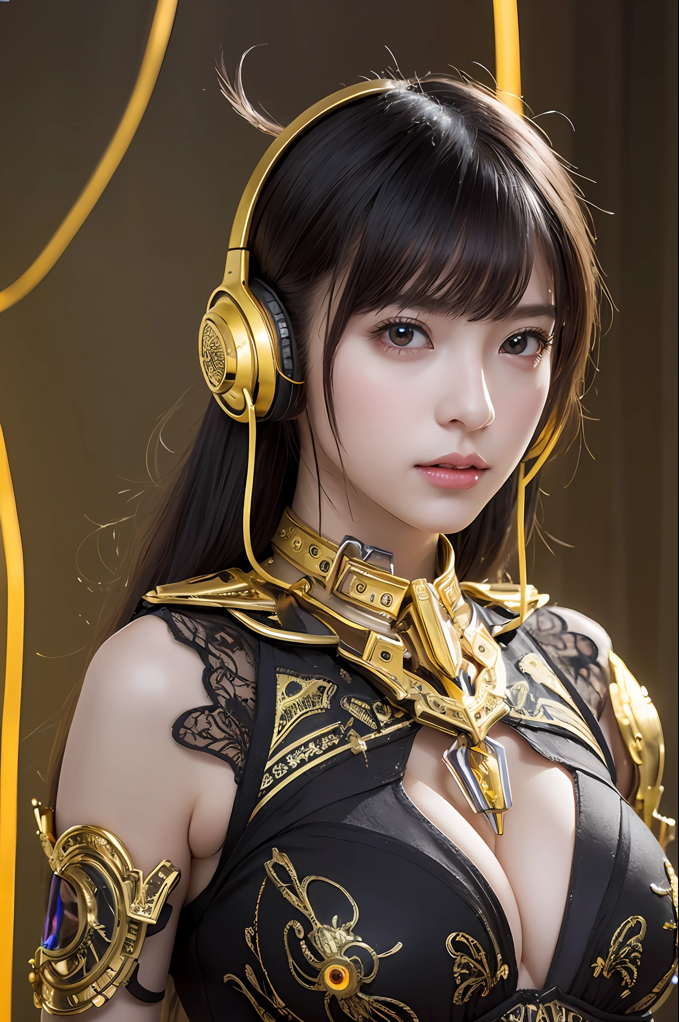 top-quality、​masterpiece、超A high resolution、(Photorealsitic:1.4)、Raw photo、Black hair、glowy skin、1 Cyborg Girl、((super realistic details))、portlate、Global Illumination、Shadow、octan render、8K、ultrasharp、Colossal tits、Raw skin is exposed in cleavage、Bionic Cyborg Girl、Black fiberglass body、Details of intricate ornaments of golden color、Insect specifics、Biological curve form、Golden hydraulic cylinder、highly intricate detail、Realistic light、CGSoation Trends、a purple eye、radiant eyes、Facing the camera、neon details、blood vessels connected to tubes、Mechanical vertebrae attached to the back、mechanical cervical attaching to neck、sitting on、Wires and cables connecting to the head、Gorgeous headset、Glowing LED lamp、The background is a steampunk room、