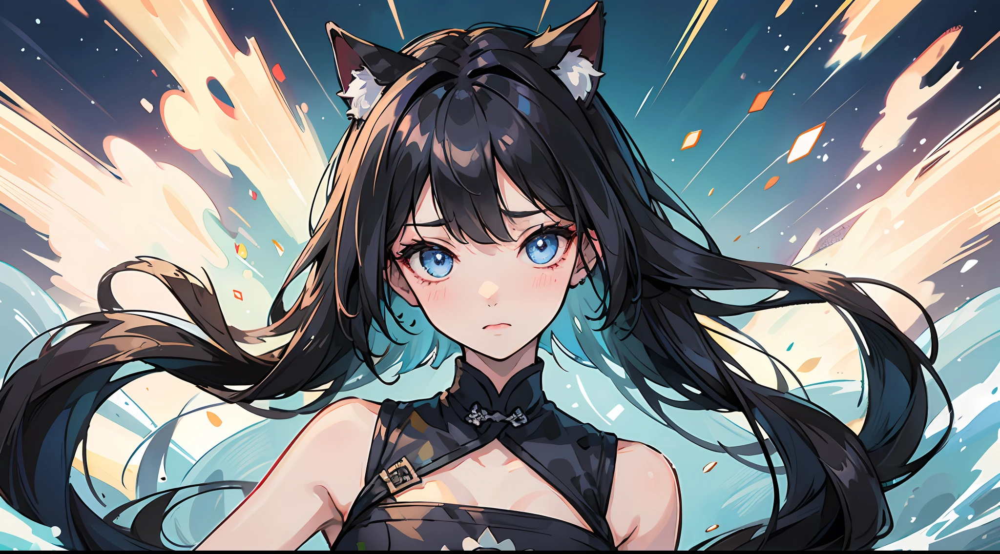 best qualtiy,tmasterpiece,quadratic element,1girl,black hair, blue eyes ,shy,on cheongsam,It has Jiangnan water town elements,Fair complexion,medium boob,The upper part of the body,cat ear,teardrop,Blushlush,tiny mouth,Bangs flutter in the wind,Purified skin --auto