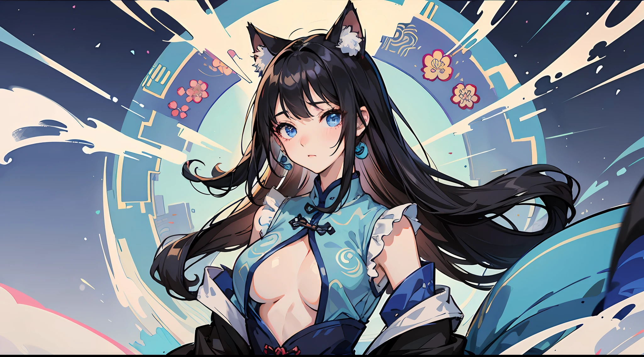 best qualtiy,tmasterpiece,quadratic element,1girl,black hair, blue eyes ,shy,on cheongsam,It has Jiangnan water town elements,Fair complexion,medium boob,The upper part of the body,cat ear,teardrop,Blushlush,tiny mouth,Bangs flutter in the wind,Purified skin --auto