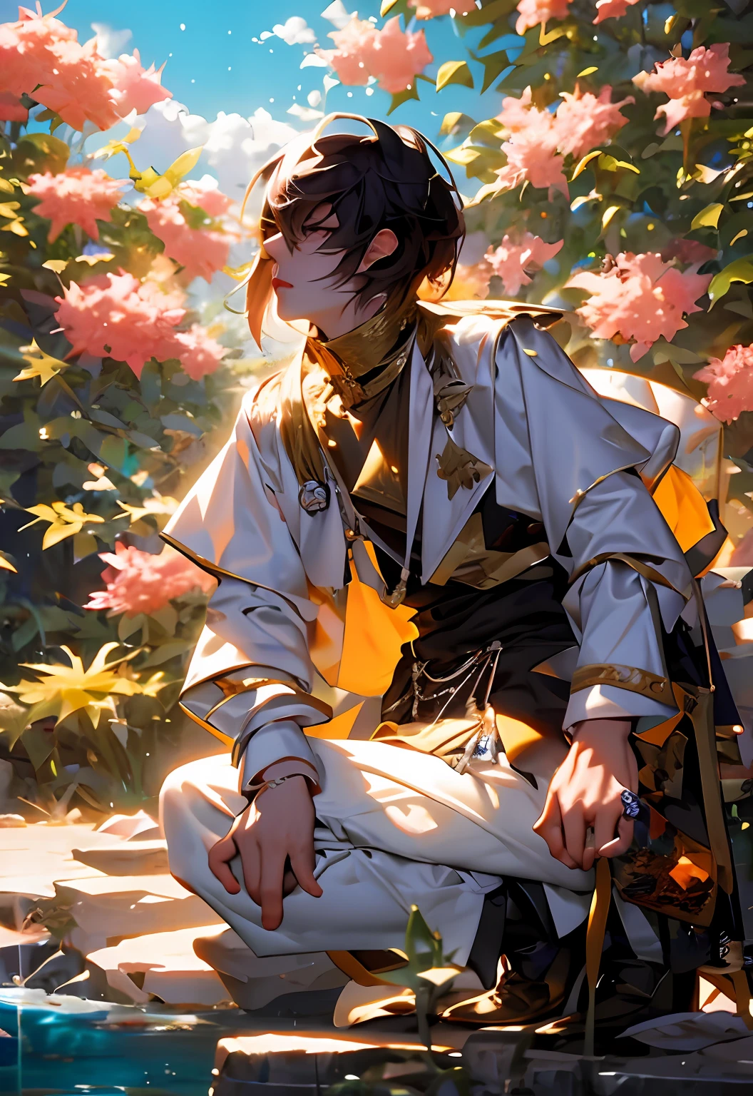 anime - style illustration of a man kneeling on a ledge with fish in the background, inspired by Yanjun Cheng, artwork in the style of guweiz, delicate androgynous prince, makoto shinkai cyril rolando, inspired by Yanagawa Nobusada, loish |, digital anime illustration, in the art style of bowater, 4 k manga wallpaper,masterpiece, best quality, (extremely detailed CG unity 8k wallpaper), (best quality), (best illustration), (best shadow), absurdres, realistic lighting, (Abyss), beautiful detailed glow