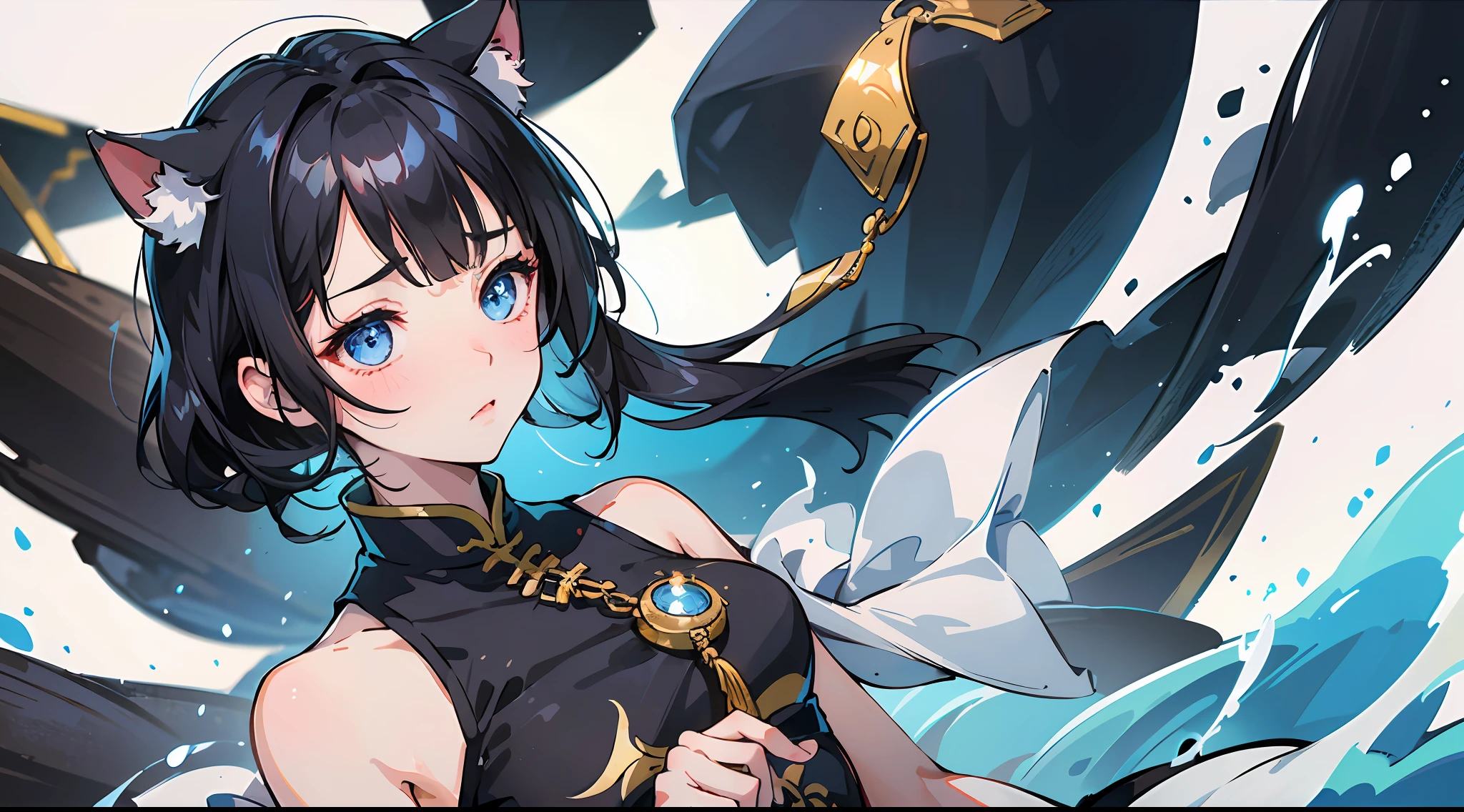 best qualtiy，tmasterpiece，quadratic element，1girl，black hair， blue eyes ，shy，on cheongsam，It has Jiangnan water town elements，Fair complexion，medium boob，The upper part of the body，cat ear，teardrop，Blushlush，tiny mouth，Bangs flutter in the wind，Purified skin --auto