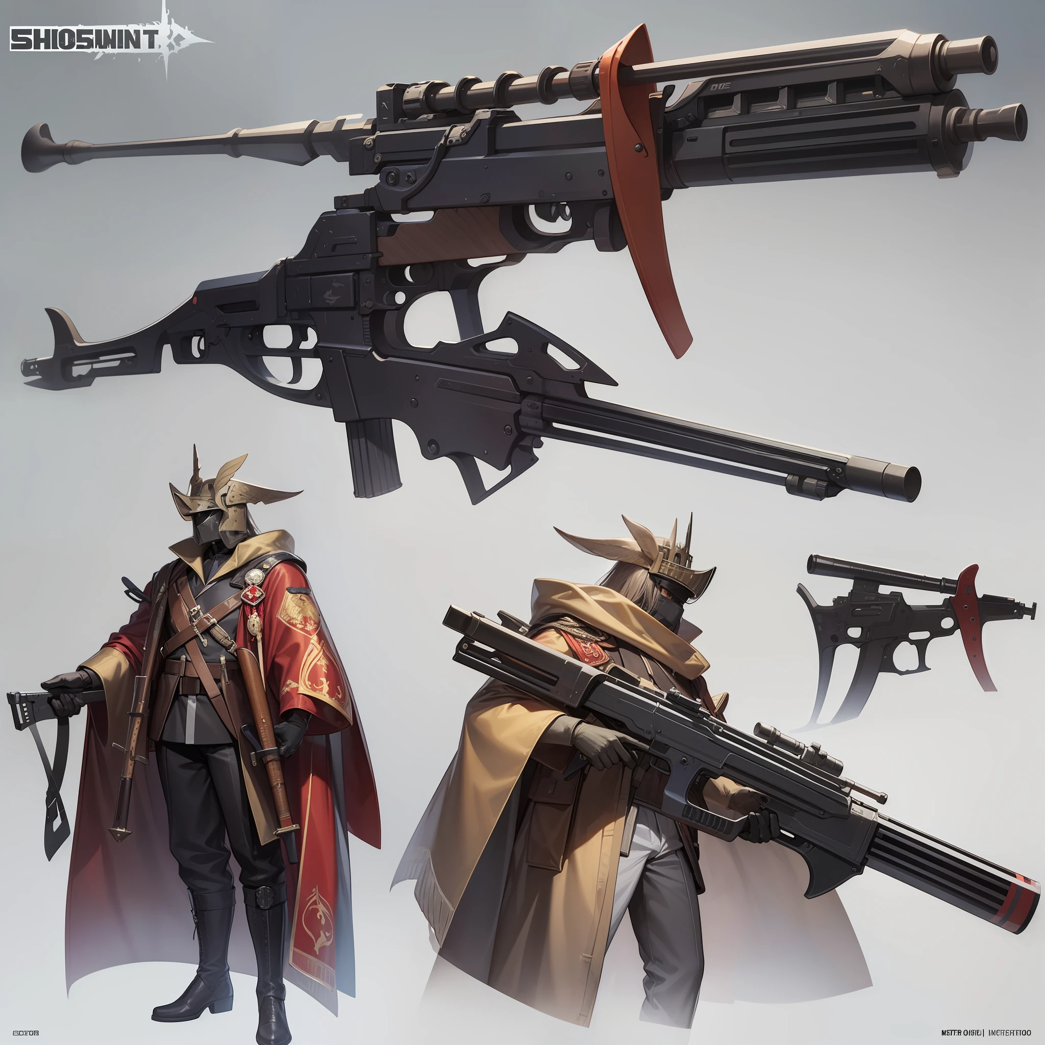 Shotguns+Hanging bayonets underneath,concept-art,2D,metalictexture,No characters,minimalistic background。