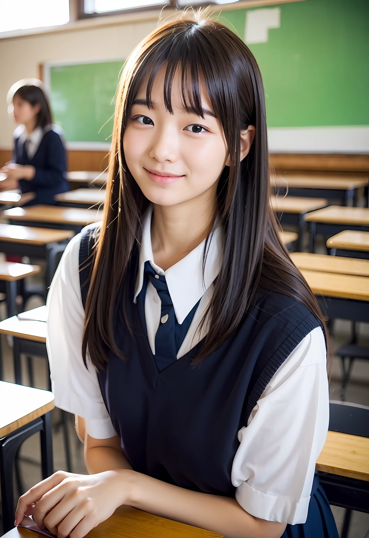 Japan schoolgirl sitting in classroom、(((She winked slowly with her right eye)))、Makes communication with students around you enjoyable、Quiet scene in the classroom、Fascinating expression of a special connection with other students