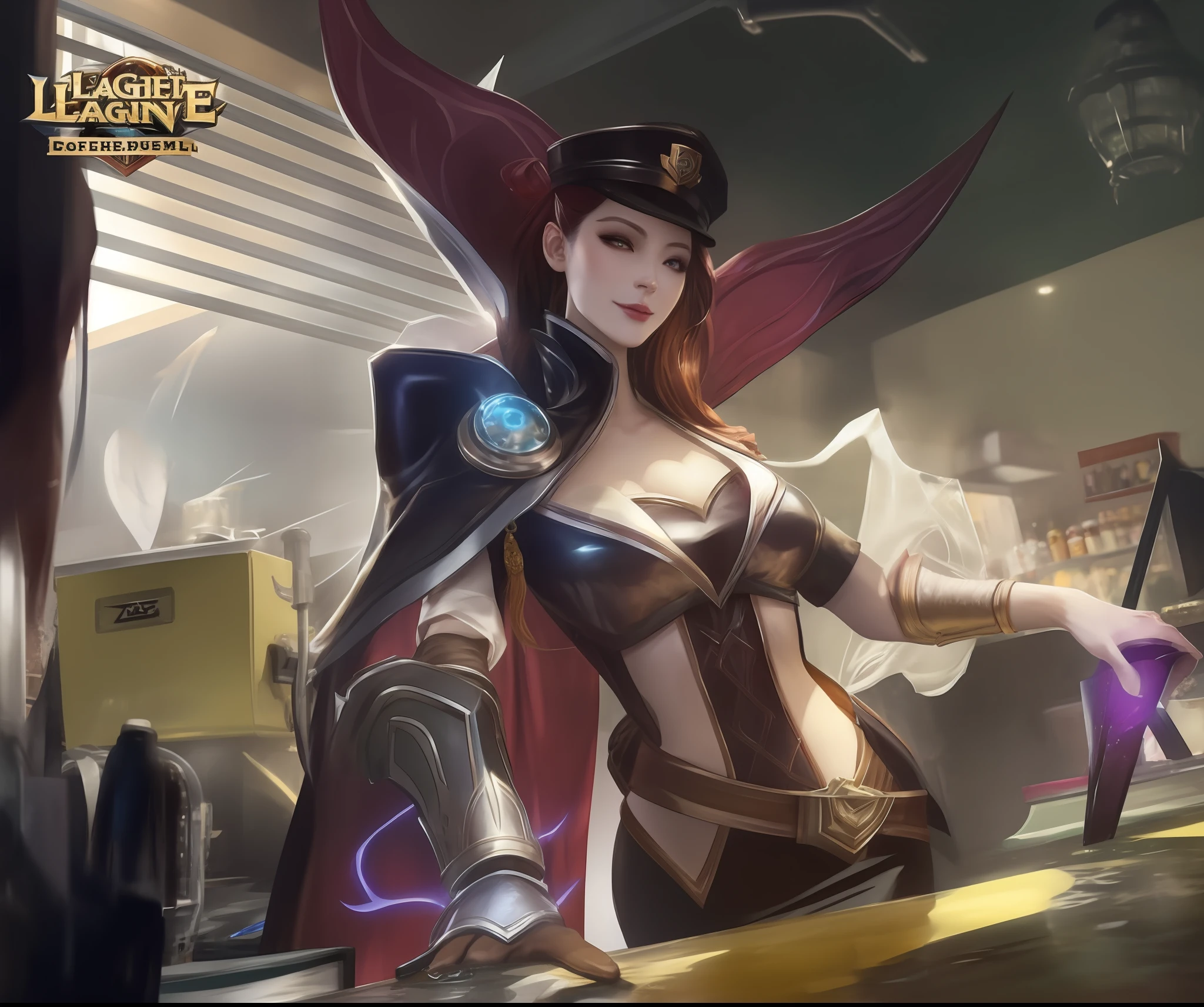 A woman in a costume stands in front of the counter, Official Splash Art, miss fortune, miss fortune league of legends, kda, mobile legends, IG model | Art germ, from league of legends, League of Legends character, Extremely detailed Artgerm, Irelia, character splash art, Li Zixin, astri lohne