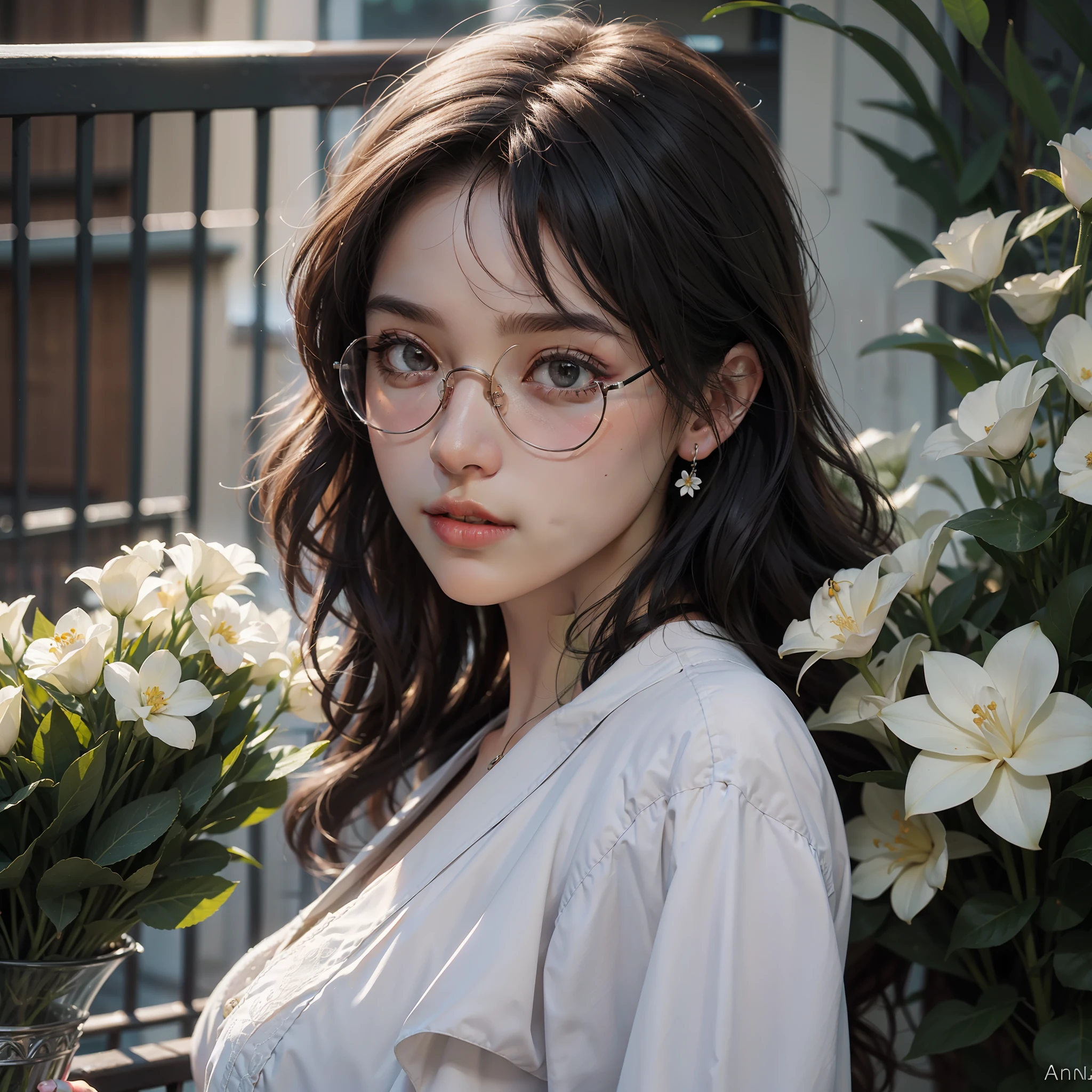 close up portrait of a cute woman (gldot), bound hair, round glasses,(balcony), Holding white flower, flower pot, (backlighting), realistic, masterpiece, highest quality, lens flare, shade, bloom, night, [[chromatic aberration]], by Jeremy Lipking, by Antonio J. Manzanedo