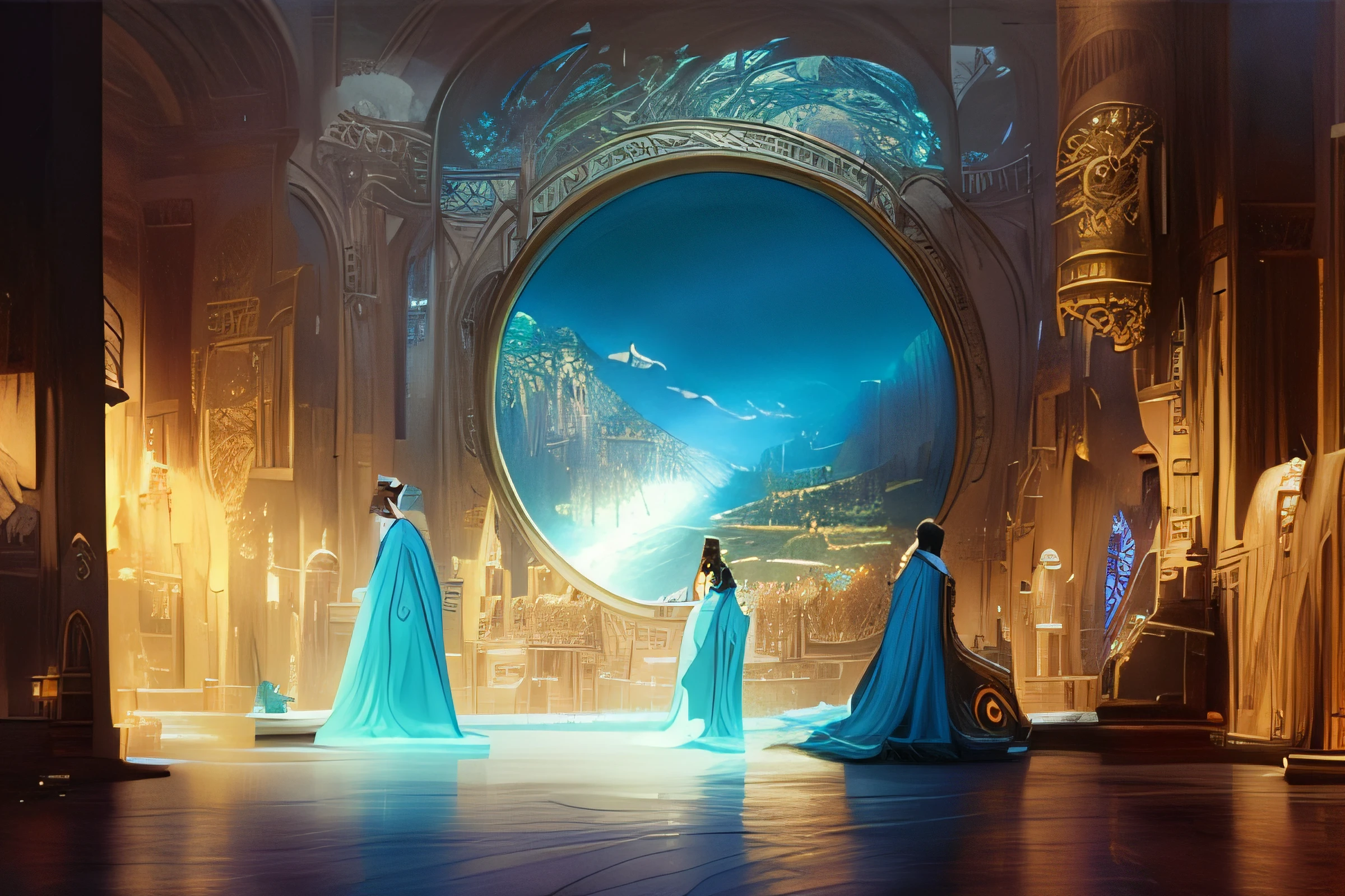 There is a person in a large room with a large circular window, elegant cinematic fantasy art, Fantasy Classic Digital Art, symmetrical spectacular fantasy art, cinematic fantasy painting, wide angle fantasy art, epic fantasy sci fi illustration, epic surrealism 8k oil painting, Fantasy Epic Digital Art, beautiful art uhd 4 k, mystical sci-fi concept art