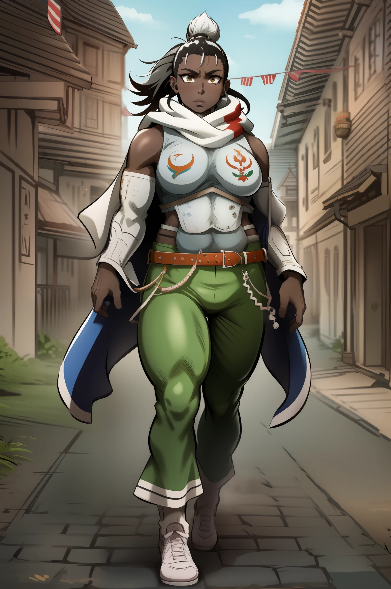 muscle girl,huge breats,personagem tem uma pele escura,, cabelo preto com um moicano branco, , The character is wearing green pants, imagem frontal de um personagem musculoso, protagonista de anime, personagem heroico e poderoso. wearing kimono,, walking, full body, medieval village, cape ,scarf, vest, alone, full body,wearing kimono smile