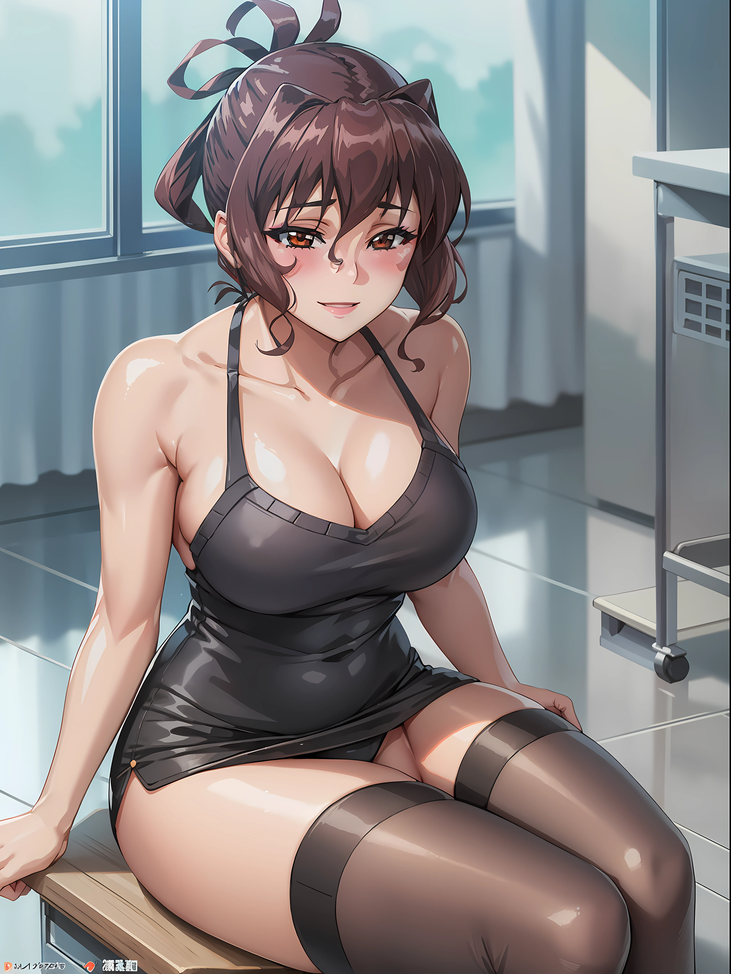 (beautiful hand:1.2), (masterpiece, best quality:1.3), Aiko Katsuragi, mature female, (full body shot:1.05), milf, (curvy:0.9), 1girl, anime face, sitting on chair, sexy tank top, short pencil skirt, (thighhighs:1.05), highheels, makeup, large breasts, lipstick, brown eyes, folded ponytail, brown hair, cleavage, perfect body, (athletic body:1.1), perfect eyes, anime eyes, smoky eyeliner, eyeshadow, perfect face, happy face, glance, blush, smile, high sharpness, sharp focus, medical room, professional artwork, intricate details, vivid colors, Diffused lighting, digital blending, ultra detailed body, ultra detail hair, ultra detail face, trending on pixiv, topless