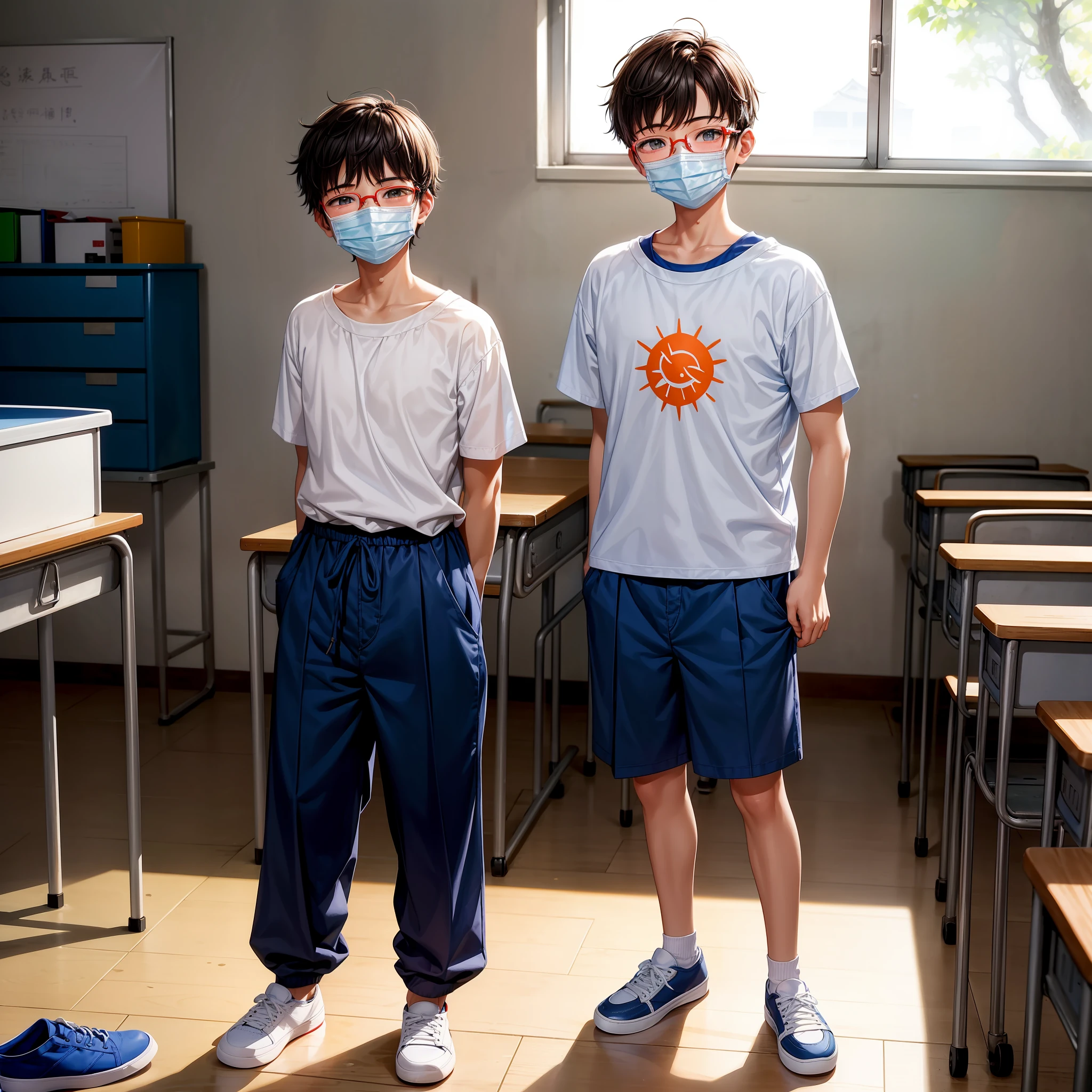 A -yeld botands in a classroom,Be red in the face,Cute and cute,Clear round frame glasses,Blue mask,Slightly hunched,White top,blue short pants,Untidy bangs,scratching head,Smile awkwardly,Board shoes。and the sun was shining brightly,mid day,Classroom,Japan 2D