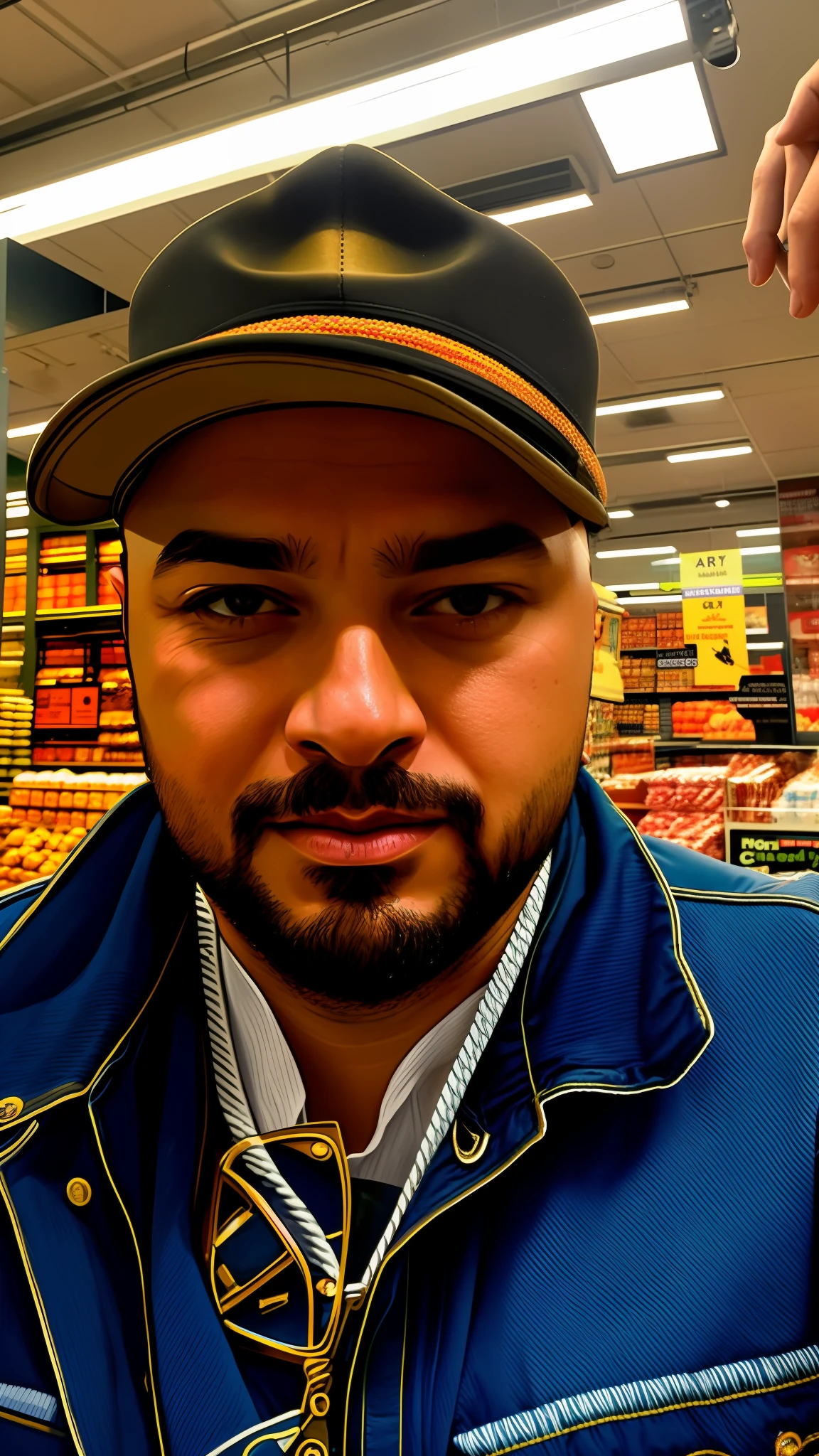 Man in hat and sunglasses in store, taken in the early 2020s, cerca de 3 5 anos, zigor samaniego, selfie de um homem, staring directly at camera, ficou em um supermercado, looking away from camera, taken in the late 2010s, imagem de qualidade muito baixa, David Villegas