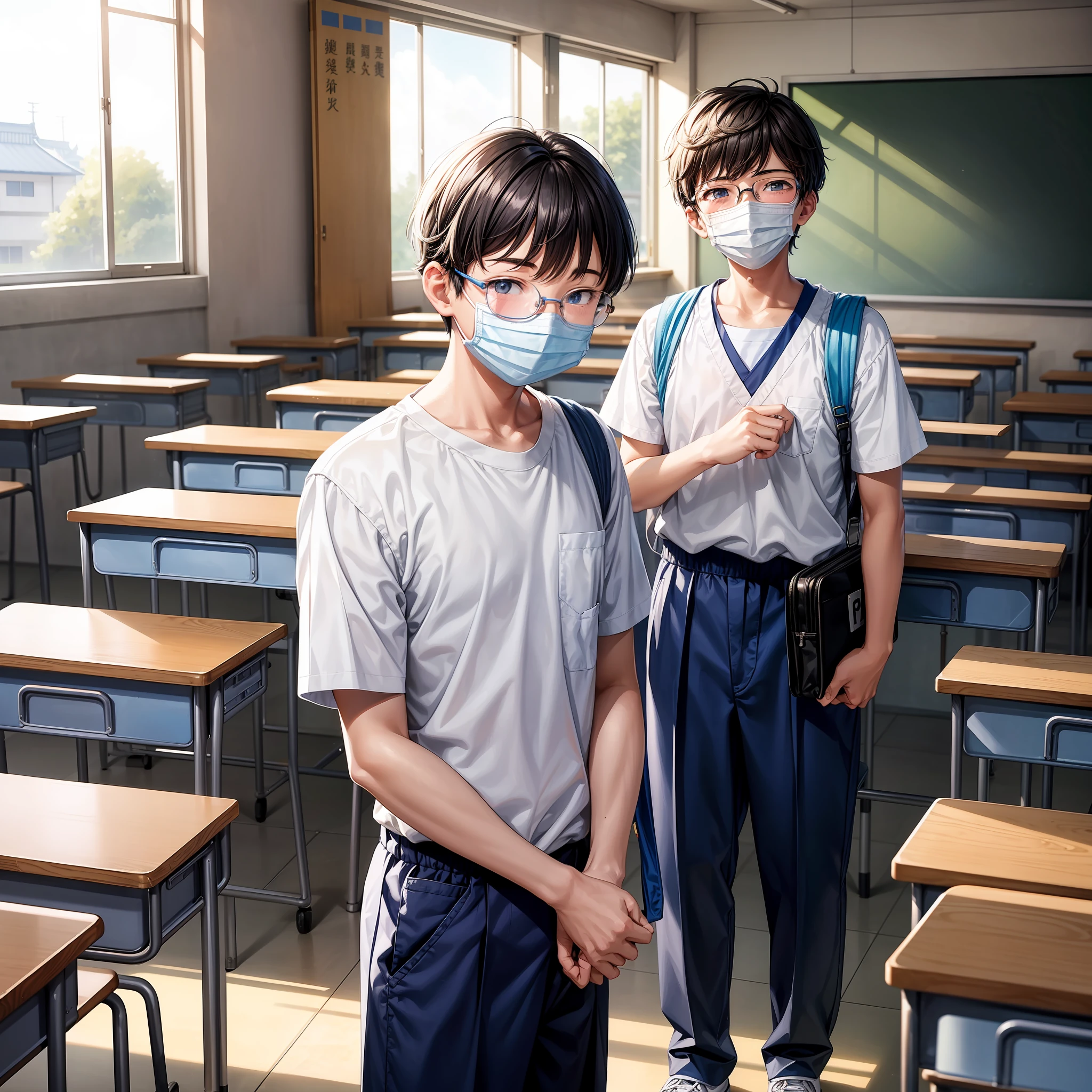 A 15-year-old junior high school boy stands in a classroom,with a round face,White round-rimmed glasses,Blue mask,Slightly hunched,White top,blue short pants,Untidy bangs,Smile awkwardly,Board shoes。and the sun was shining brightly,Classroom,Japan 2D