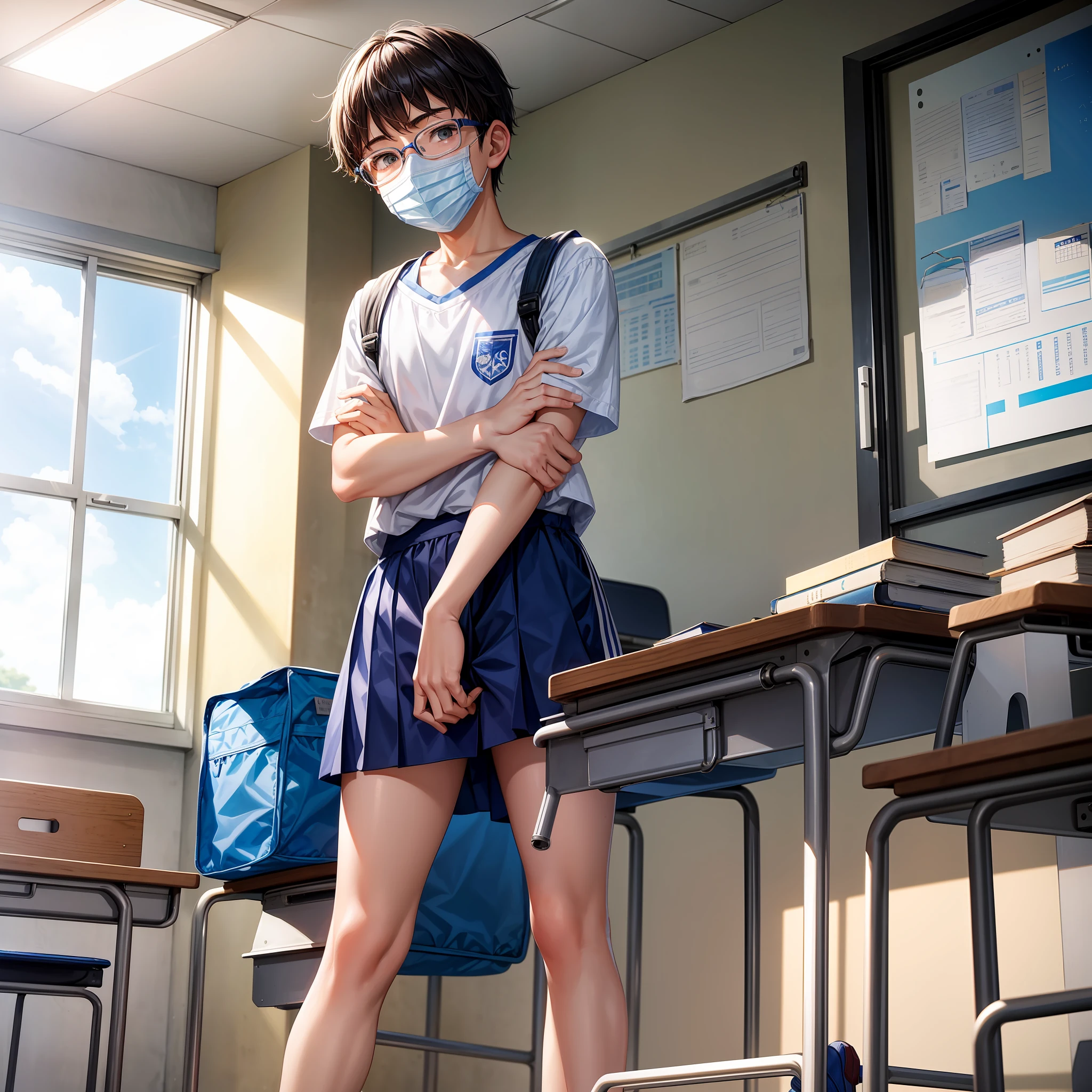 A  junior high school boy stands in a classroom，with a round face，White round-rimmed glasses，Blue mask，Slightly hunched，White top，blue short pants，Untidy bangs，Smile awkwardly，Board shoes。and the sun was shining brightly，‎Classroom，Japan 2D