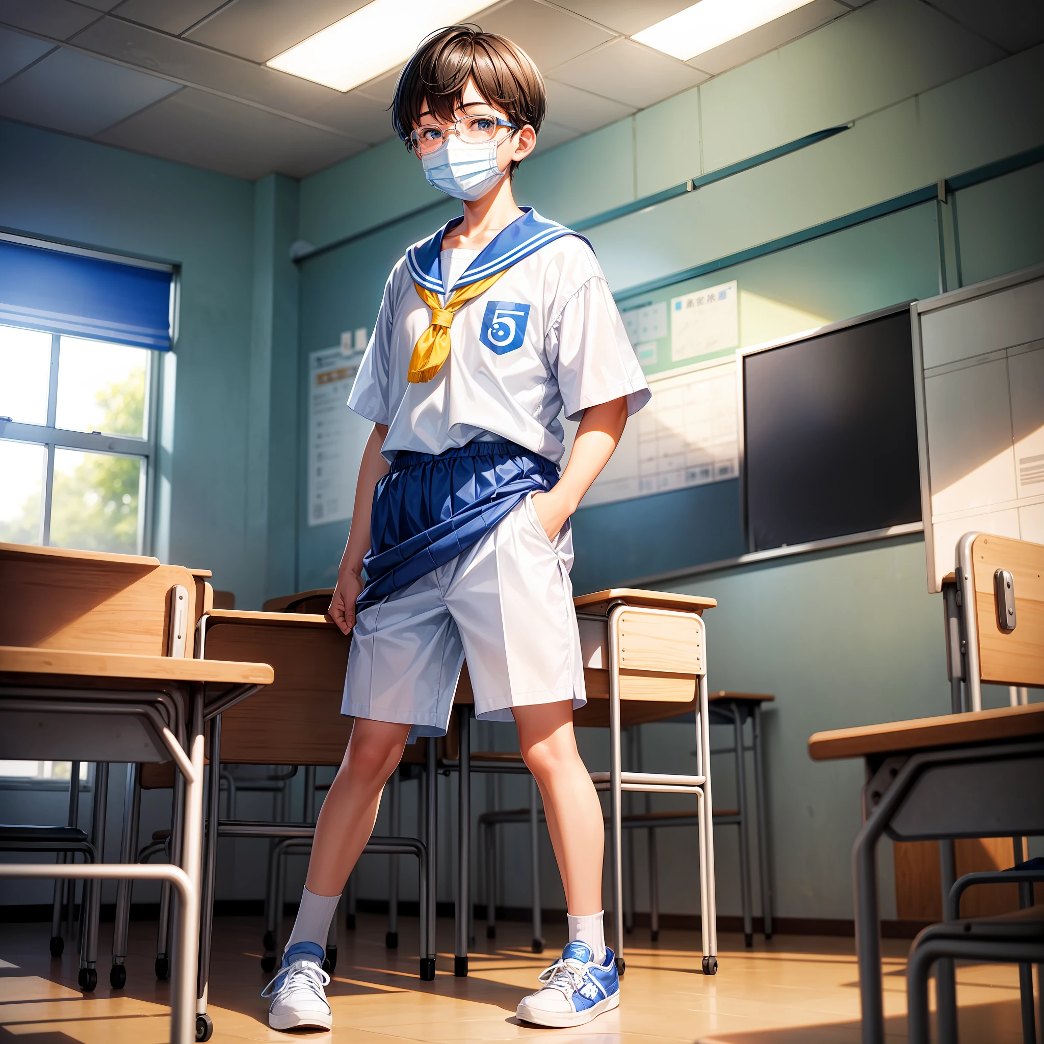 A 15-year-old junior high school boy stands in a classroom，Round face and round chin，White very round round frame glasses，Blue mask，Slightly hunched，White top，blue short pants，Untidy bangs，Smile awkwardly，Board shoes。and the sun was shining brightly，‎Classroom，quadratic element