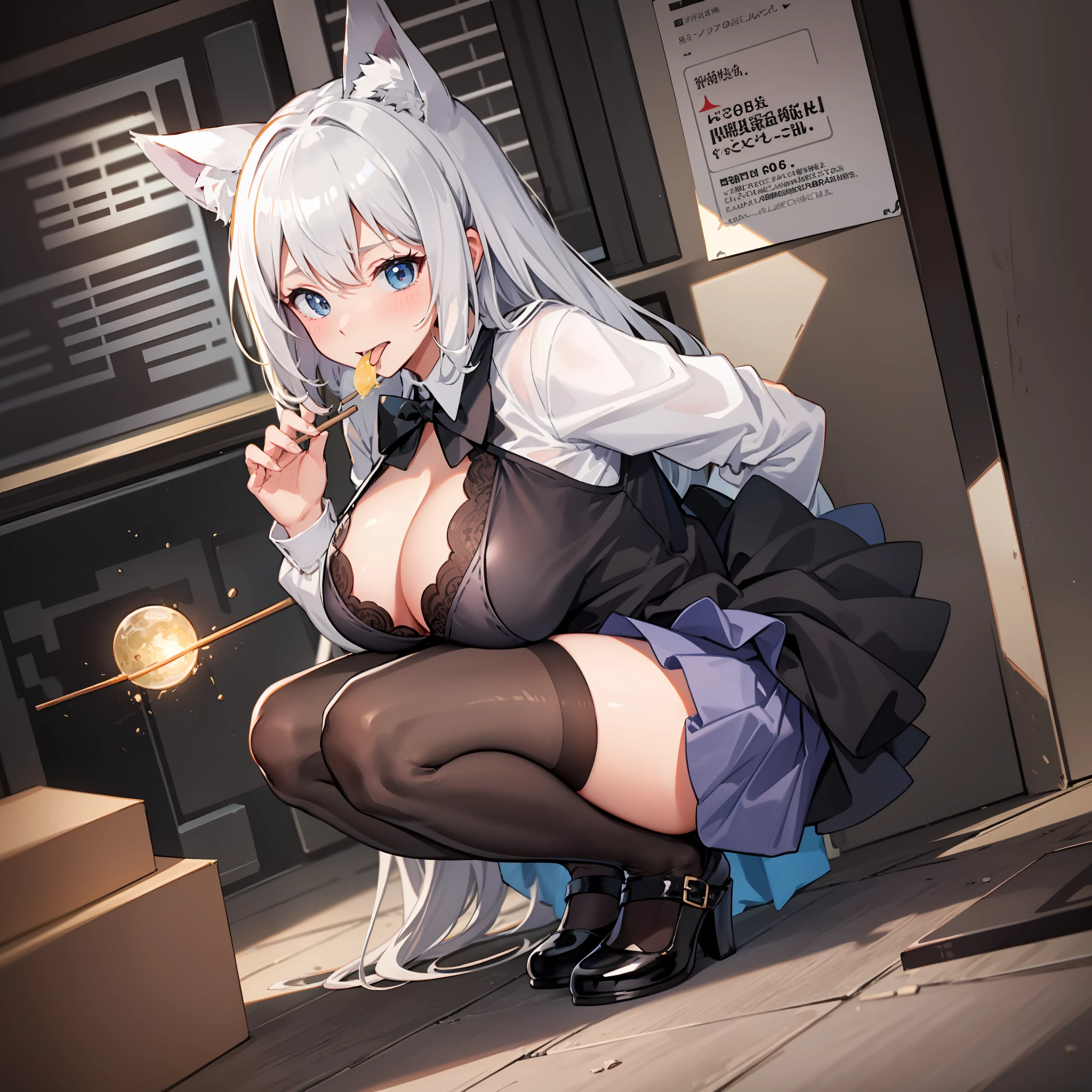 Pee。Pee,hyper HD,Highest high resolution。white shirt,short skirt,Squat。black lence stockings,huge tit,exposing her chest,White color hair,。The chest is tied with a rope,high-heels,fox tails,cat ear,The box is tightly tied with a string。Stick out her tongue。The mouth is wide open。Ultra photo realsisim。