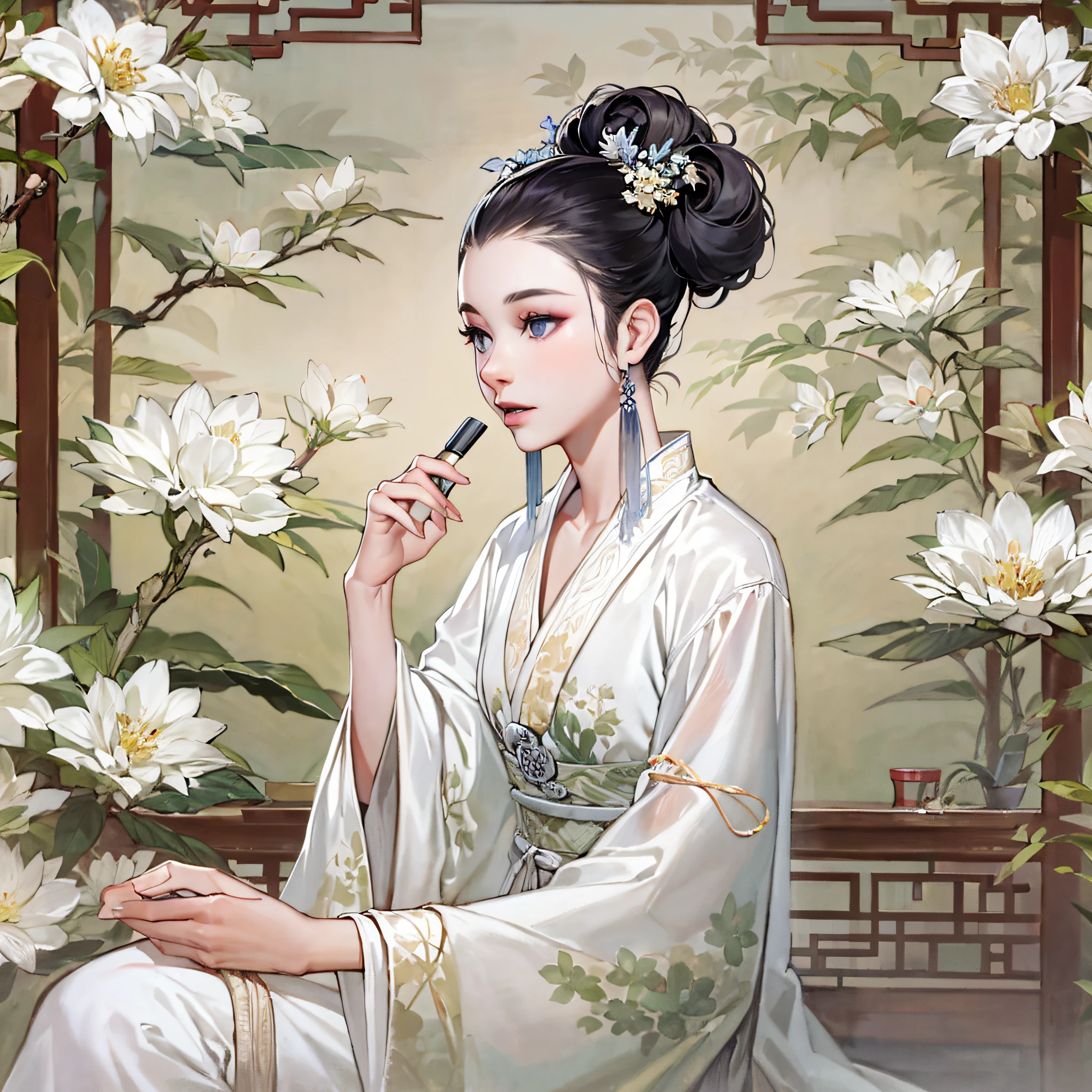 ancient chinese beauti，Fresh and elegant，The artistic sense of white space，putting makeup on