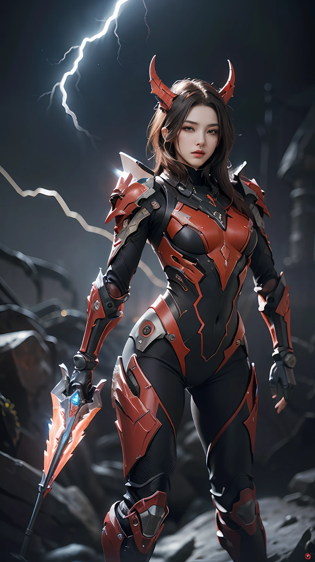 （tmasterpiece，），（best qualtiy），photorealestic，Realistis，ultra - detailed，s the perfect face，The most delicate facial features，Perfect body，1 cool beauty with a heroic appearance，Cold beauty，Red Dragon Mechanical Warframe，Red Dragon Mechanical Armor，Red dragon exoskeleton,Fighting posture，cool-pose，Full-screen lightning effect，Yingwu，heroic look，Contour lighting，Full body photo